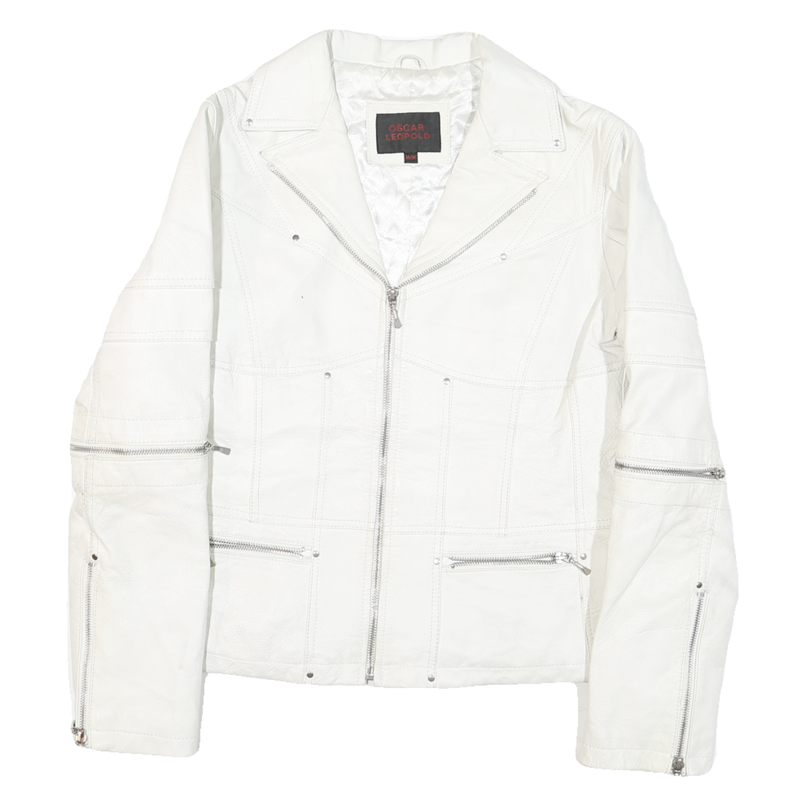 Oscar Leopoldo Womens White Leather Jacket M Zip Plain Stylish Biker Fit Refurbished - N/A refurbished available on Cerqular