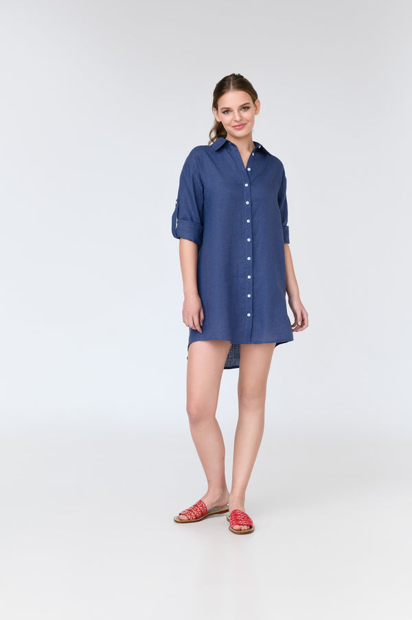 Lara - long sleeve linen mini shirt dress | Size: M | Color: Corn Flower Blue Refurbished - N/A (I could not find a well-known brand with this name refurbished available on Cerqular