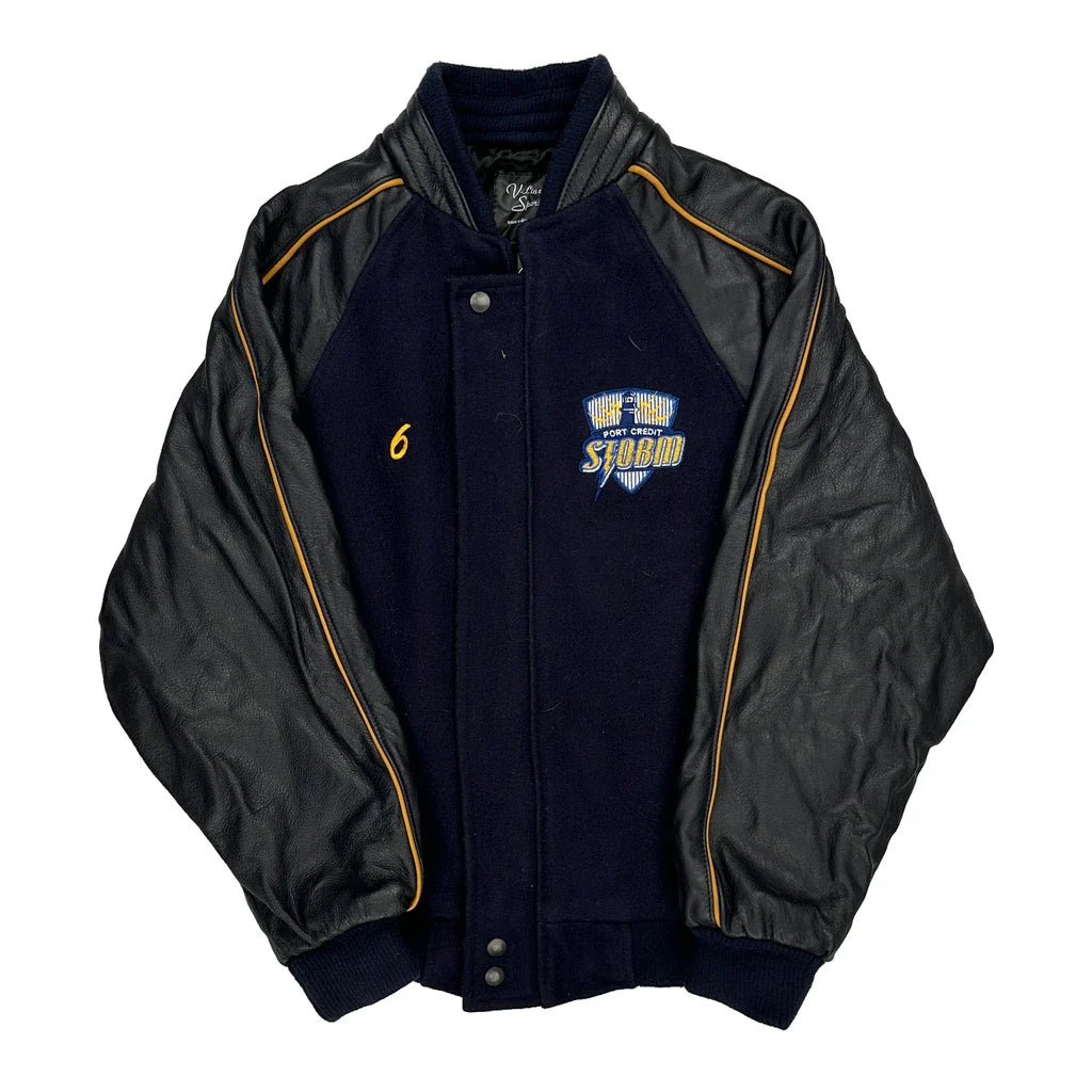 Port Credit Storm V Line Varsity Jacket - XL Black Leather Refurbished - Thrifted (note: this is a term often used to describe second- refurbished available on Cerqular