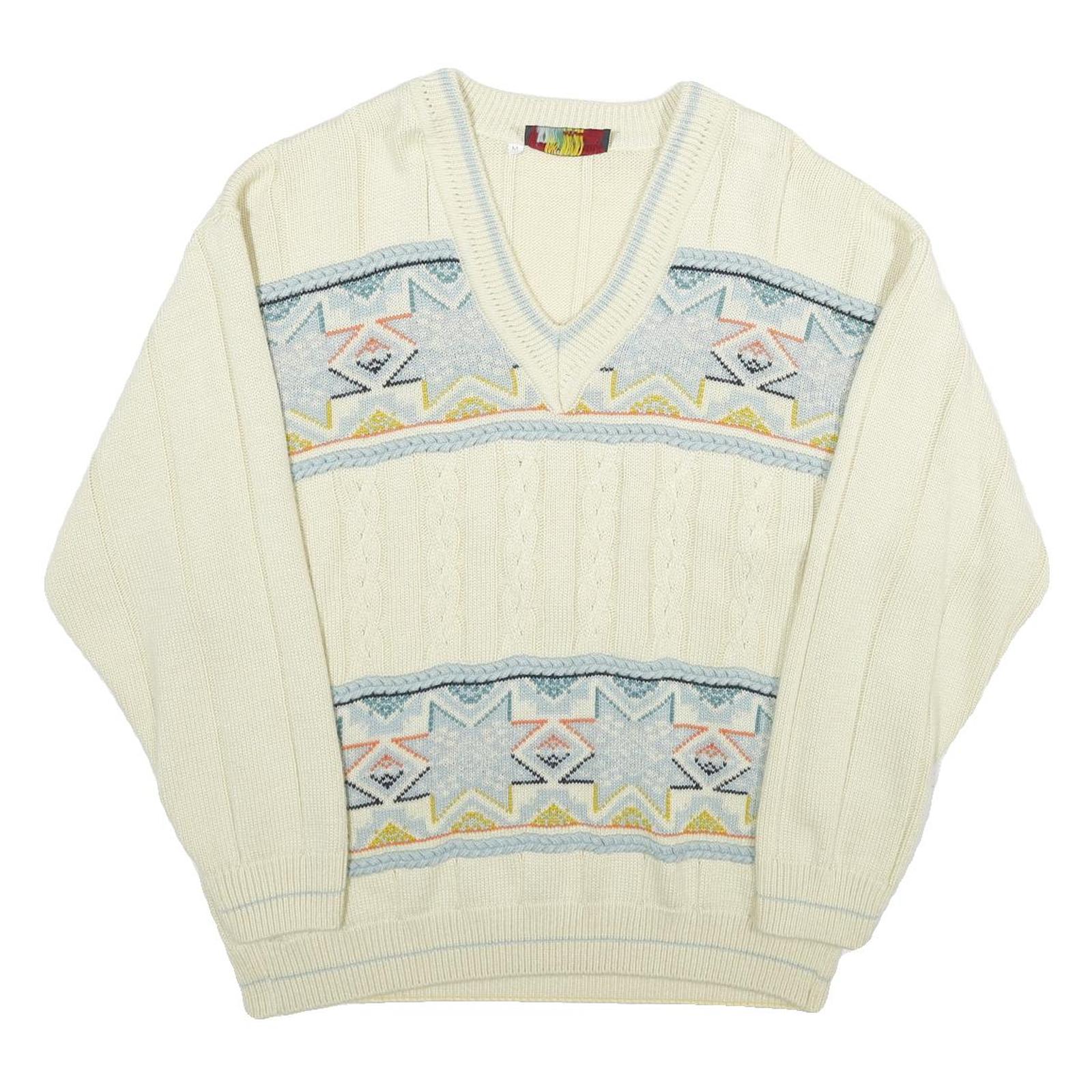 JESMARY Mens Cream Patterned V-Neck Cable Knit Jumper M Wool Warm Classic Refurbished - N/A refurbished available on Cerqular