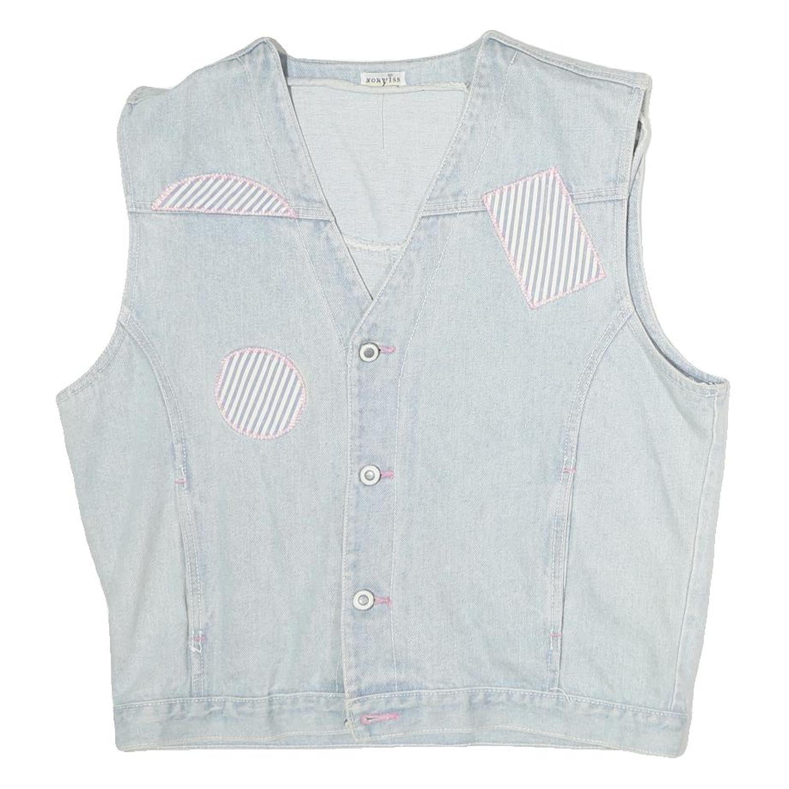 NORVIS Womens Blue Denim Sleeveless Button Jacket M Cotton Stripe Patch Refurbished - N/A refurbished available on Cerqular