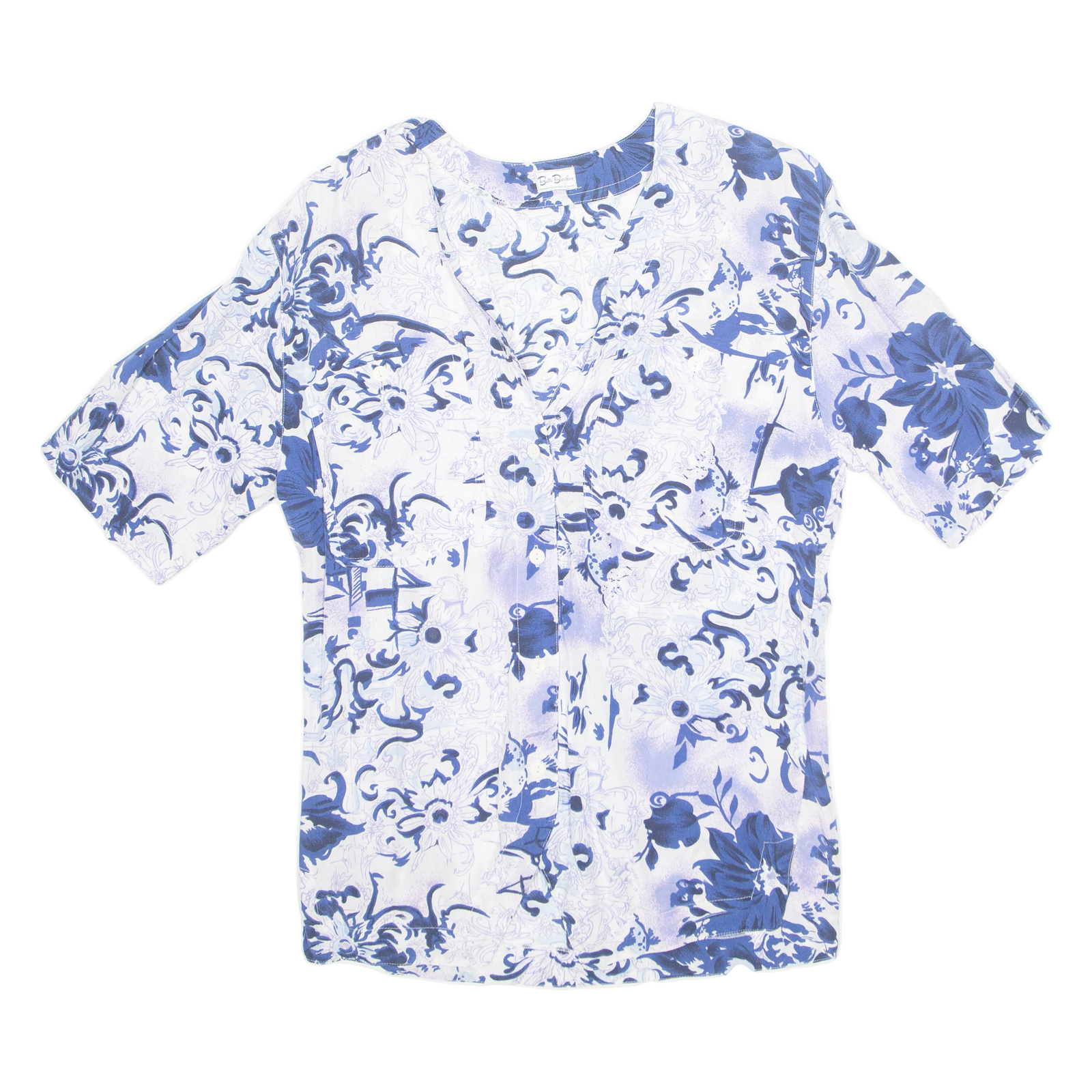 BETH BARCLAY Womens Printed Blouse Blue V-Neck Crazy Pattern L Refurbished - N/A refurbished available on Cerqular