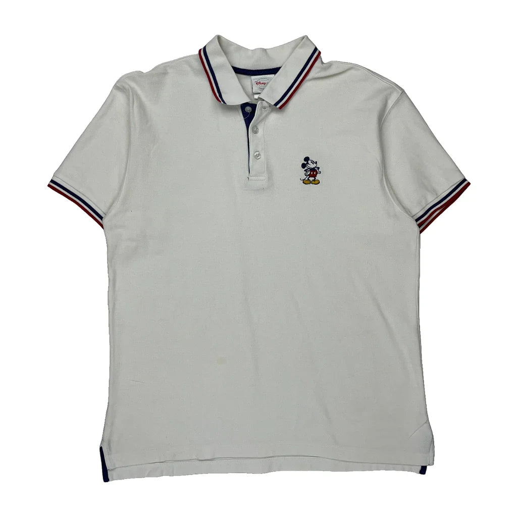 Mickey Mouse Disney Cartoon Polo Shirt - Large White Cotton Refurbished - Thrifted (note: this is a term often used to describe second- refurbished available on Cerqular