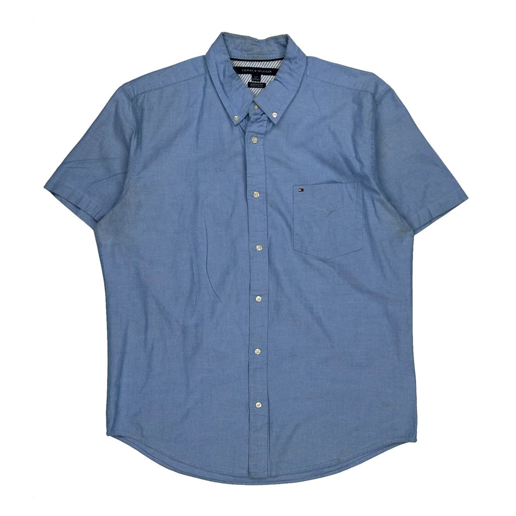 Tommy Hilfiger Short Sleeve Shirt - Large Blue Cotton Refurbished - Thrifted (note: this is a term often used to describe second- refurbished available on Cerqular