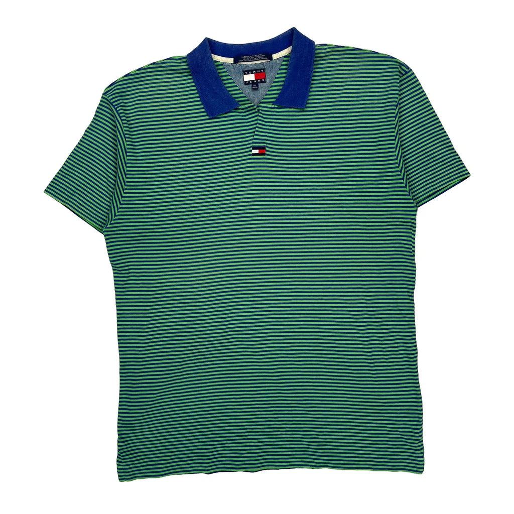 Tommy Jeans Striped Polo Shirt - XL Blue Cotton Refurbished - Thrifted (note: this is a term often used to describe second- refurbished available on Cerqular