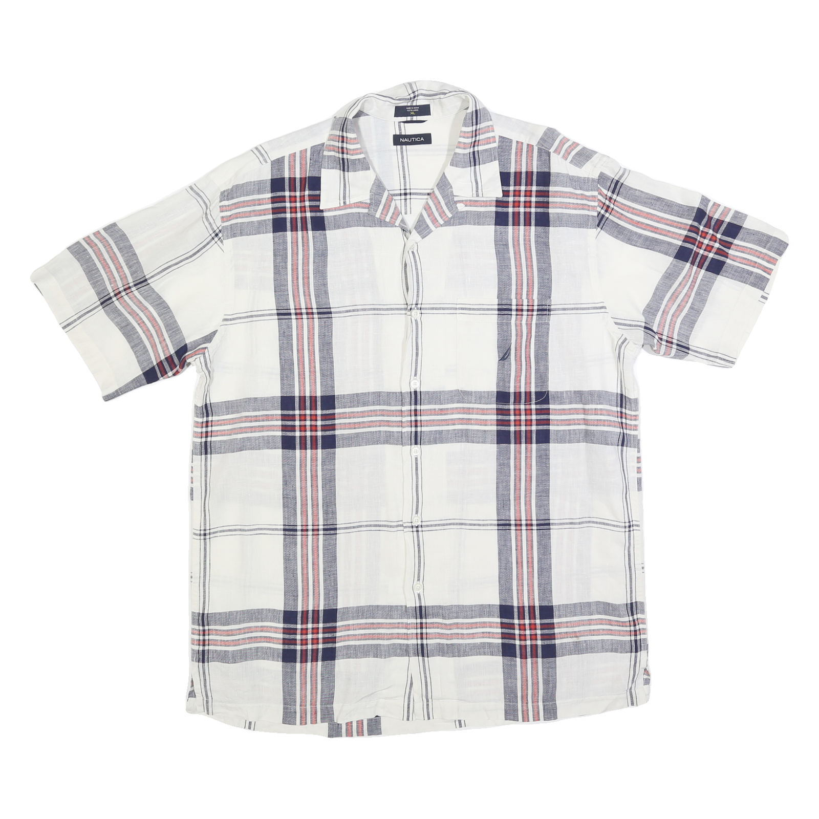 NAUTICA Mens White Navy & Red Check Linen Shirt XL Button Short Sleeve Casual Refurbished - N/A refurbished available on Cerqular