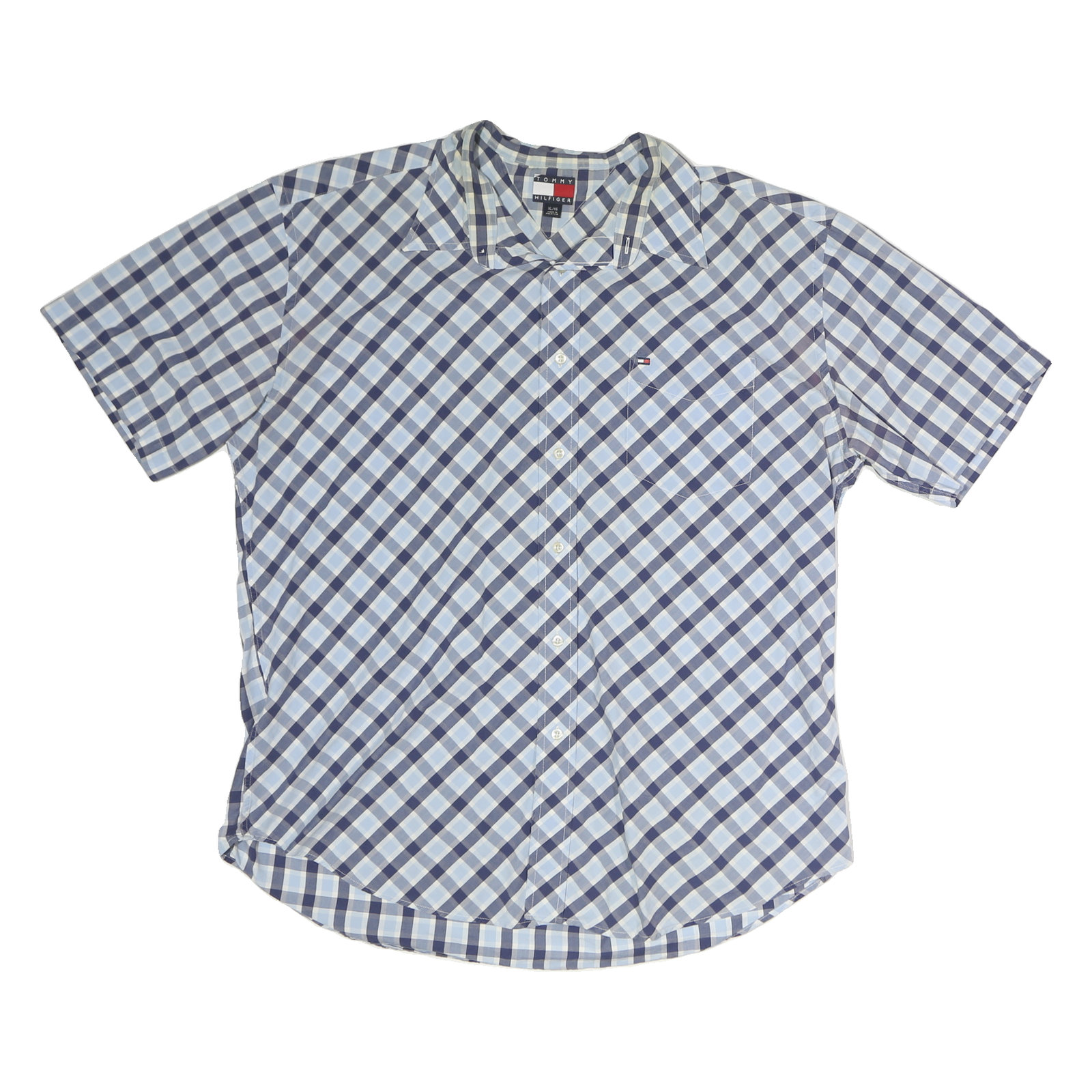 TOMMY HILFIGER Mens Blue Check Cotton Shirt XL Short Sleeve Button Casual Refurbished - N/A refurbished available on Cerqular