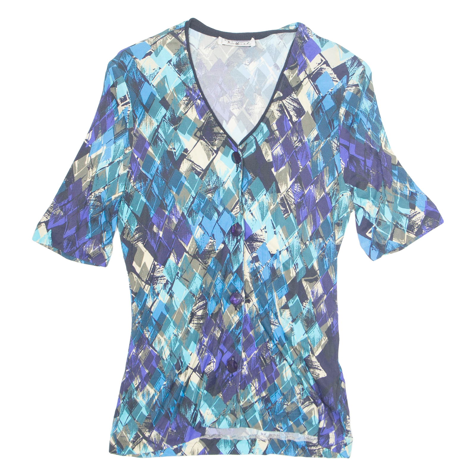 RAFFAEL Womens Printed Blouse Blue V-Neck Viscose Geometric M Refurbished - N/A refurbished available on Cerqular