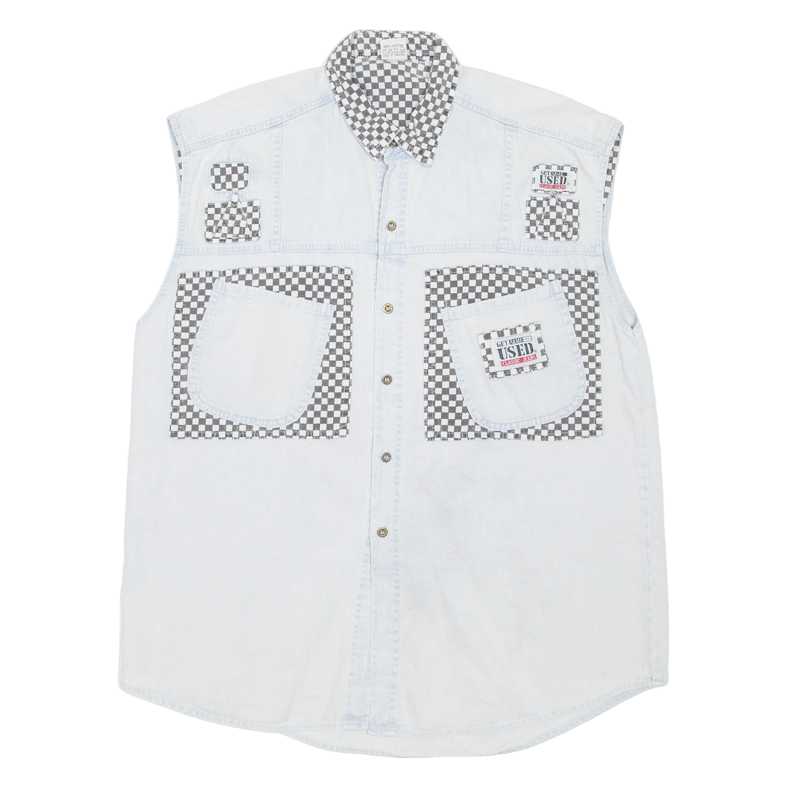 Buy GET NAME USED Mens Denim Shirt Blue Check Sleeveless L Refurbished - $23.39 GET NAME USED Mens Denim Shirt Blue Check Sleeveless L Refurbished - N/A refurbished available on Cerqular