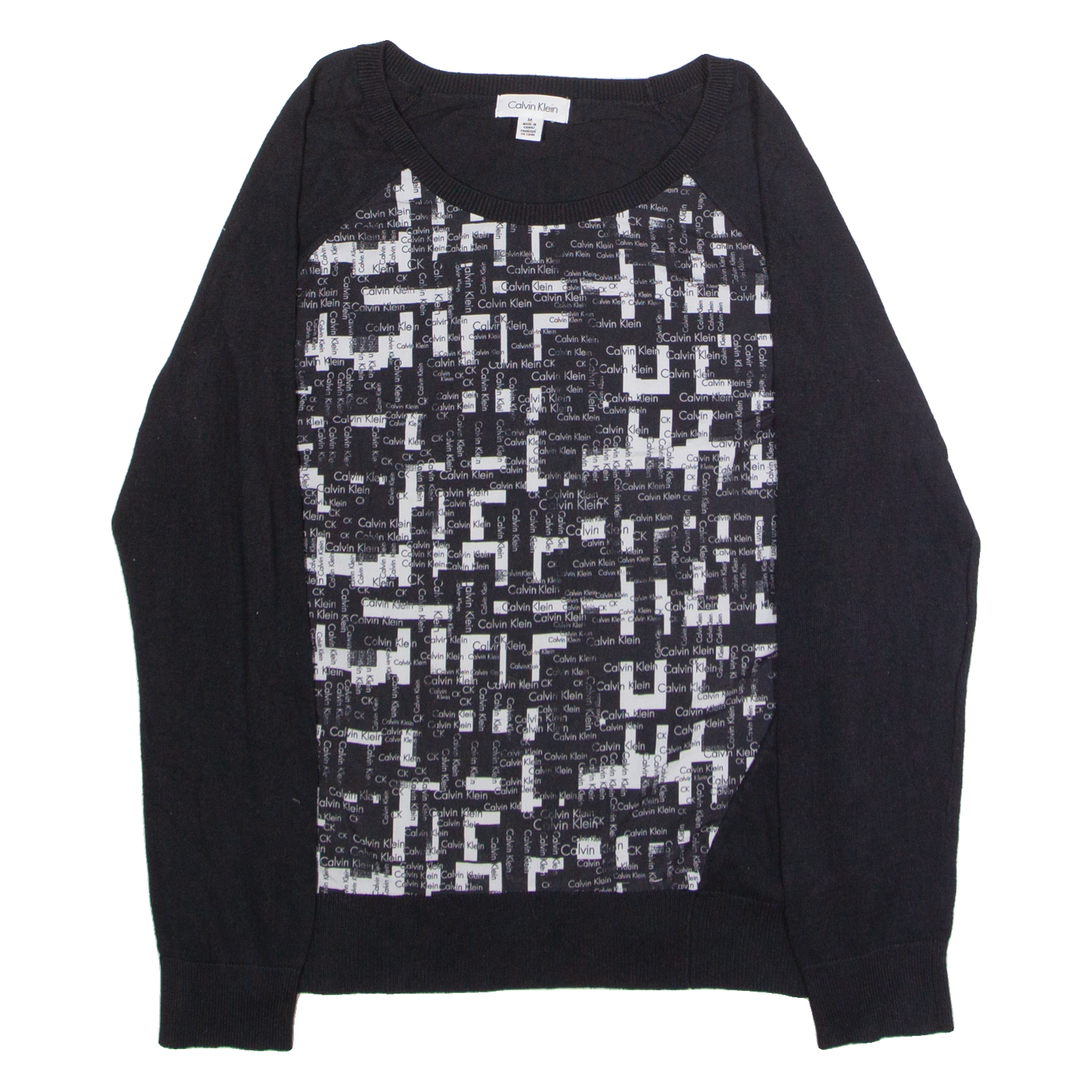 CALVIN KLEIN Mens Patterned Jumper Black Crazy Pattern Crew Neck Tight Knit M Refurbished - N/A refurbished available on Cerqular