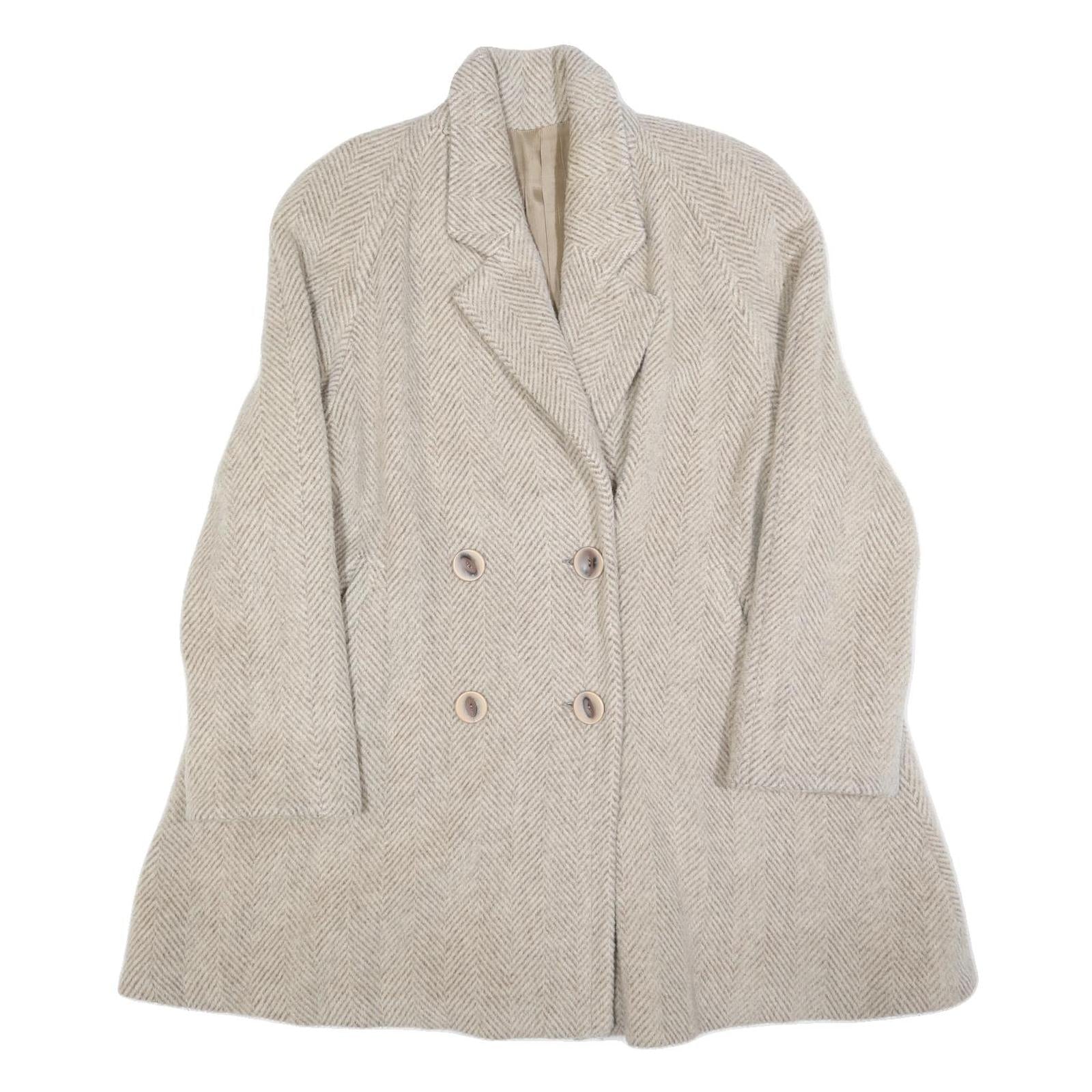 TEAM MODE Womens Beige Wool Blend Double Breasted Jacket M Herringbone Button Refurbished - N/A refurbished available on Cerqular