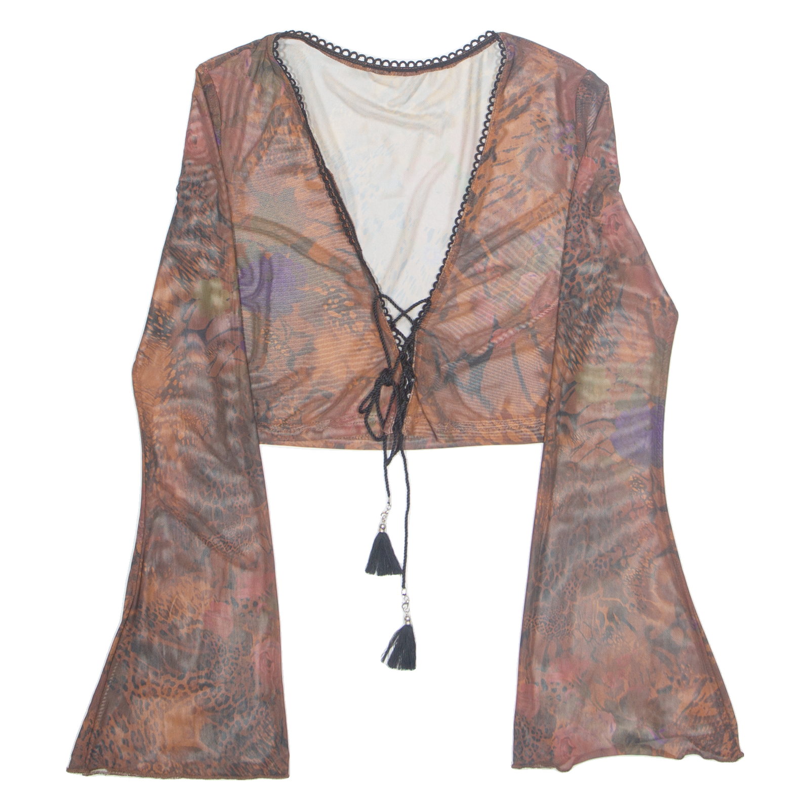 Sheer Cropped Womens Printed Top Brown V-Neck Long Sleeve Floral M Refurbished - N/A refurbished available on Cerqular
