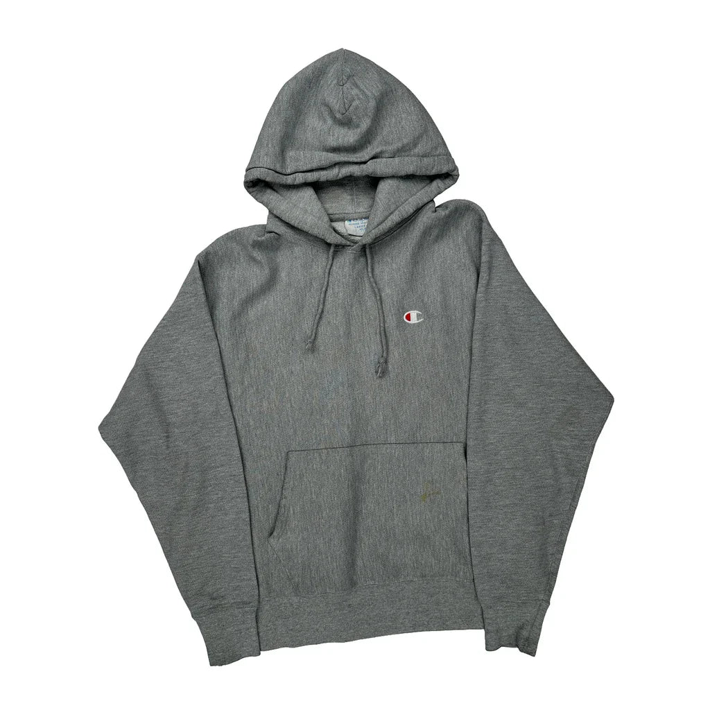 Champion Hoodie - Large Grey Cotton Blend Refurbished - Thrifted (note: this is a term often used to describe second- refurbished available on Cerqular