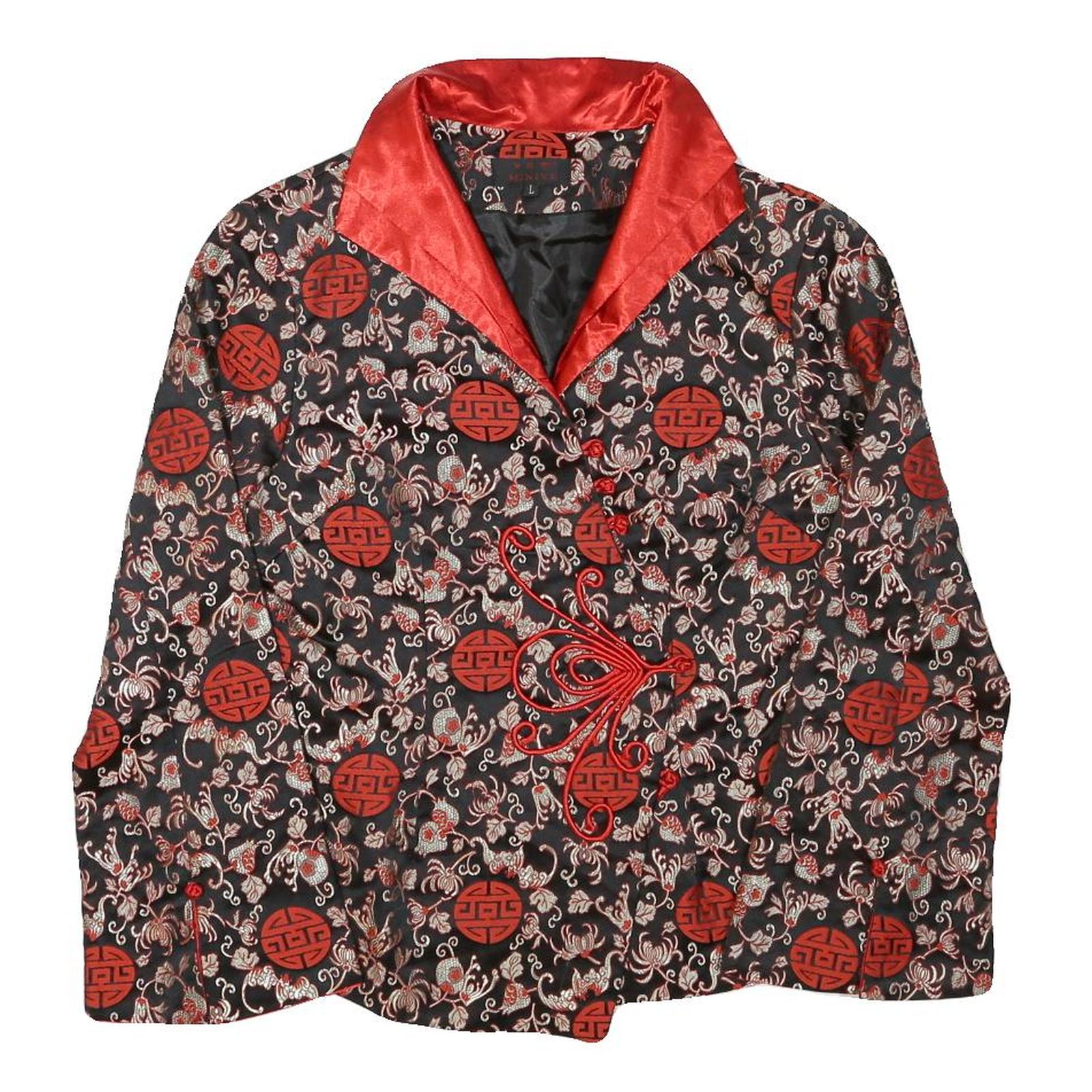 MINIYE Womens Black & Red Asian Inspired Button Jacket L Polyester Blend Floral Refurbished - N/A refurbished available on Cerqular