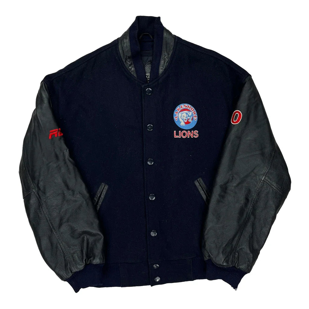Lakeshore Lions Outer Boundary Graphic Varsity Jacket - Small Black Leather Refurbished - Thrifted (note: this is a term often used to describe second- refurbished available on Cerqular
