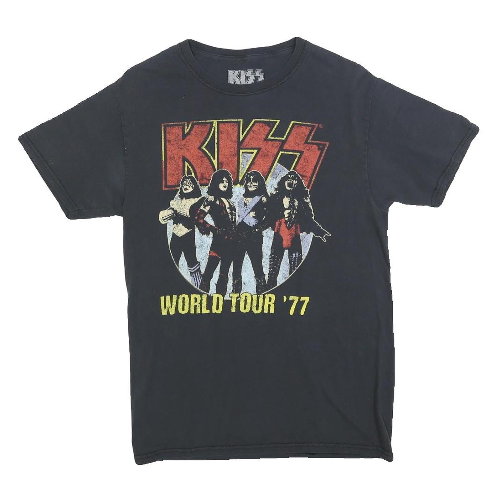 KISS Mens Black Band T-Shirt S Short Sleeve Crew Neck World Tour 77 Graphic Refurbished - N/A refurbished available on Cerqular