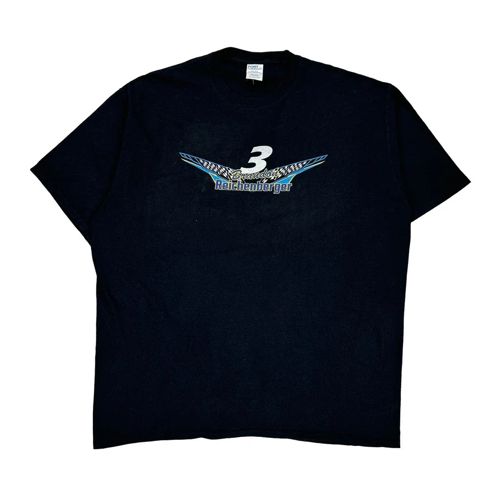 Racing Port & Company Graphic T-Shirt - 2XL Black Cotton Refurbished - Thrifted (note: this is a term often used to describe second- refurbished available on Cerqular