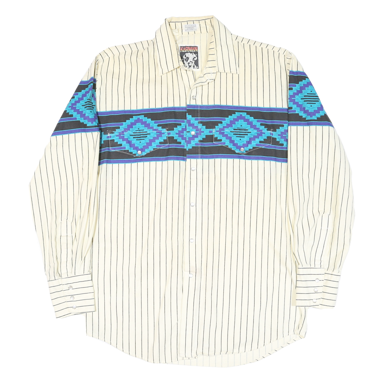 KARMAN Mens Cream & Blue Aztec Pattern Striped Shirt L Cotton Blend Button Front Refurbished - N/A refurbished available on Cerqular