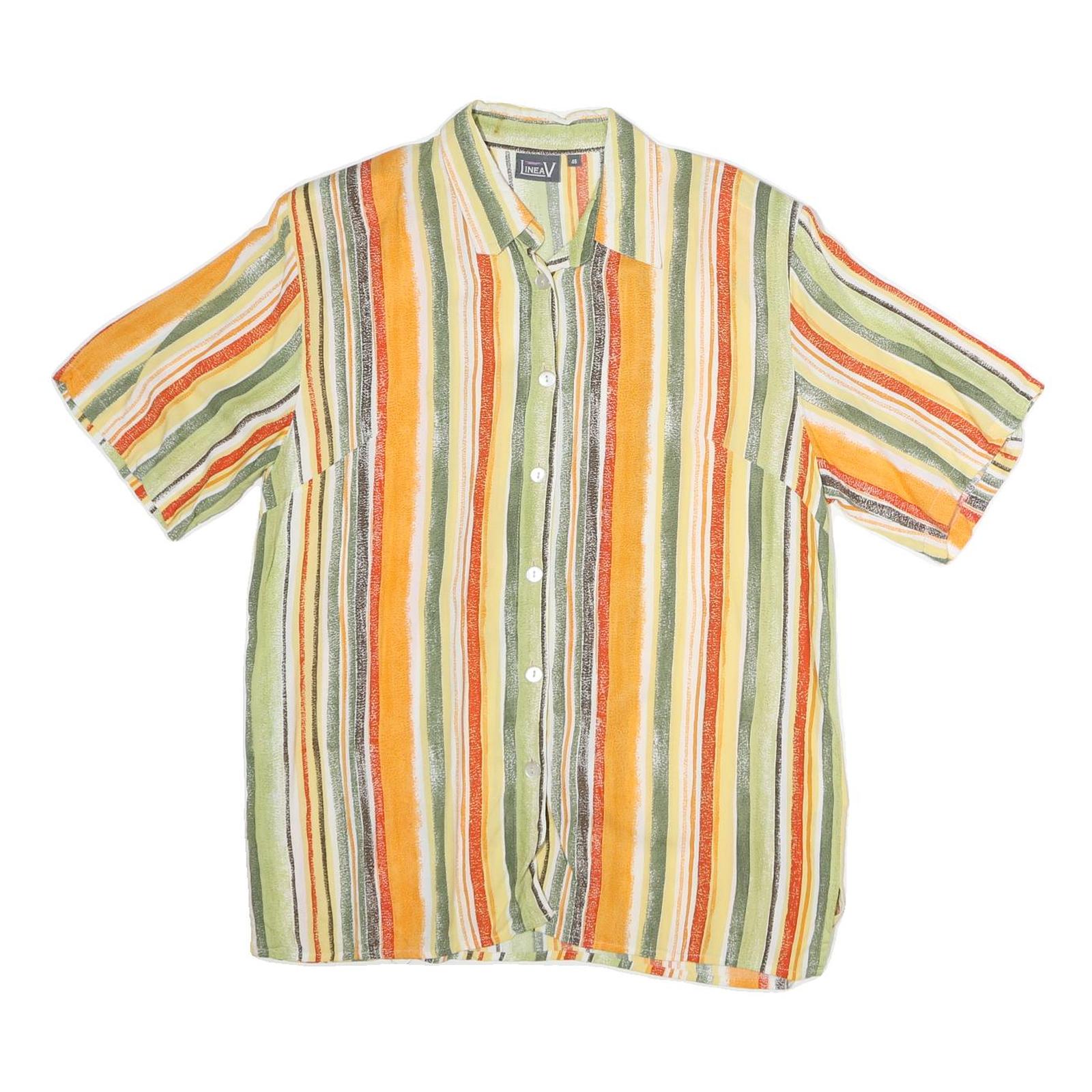 LINEAV Womens Yellow & Green Striped Shirt Short Sleeve Button Neck L Casual Refurbished - N/A refurbished available on Cerqular