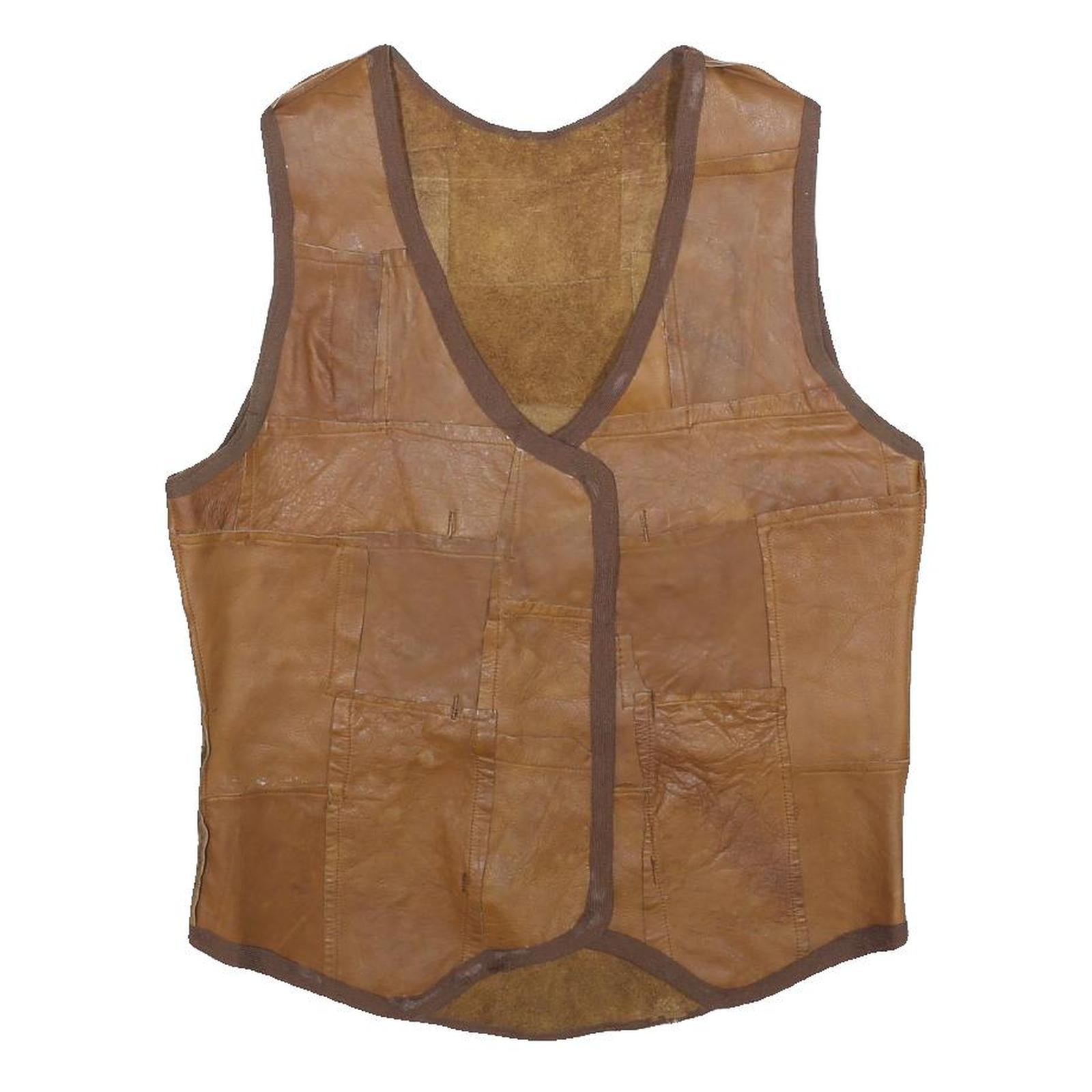 Womens Brown Leather Patchwork Button Jacket M Leather Patchwork Casual Refurbished - N/A refurbished available on Cerqular