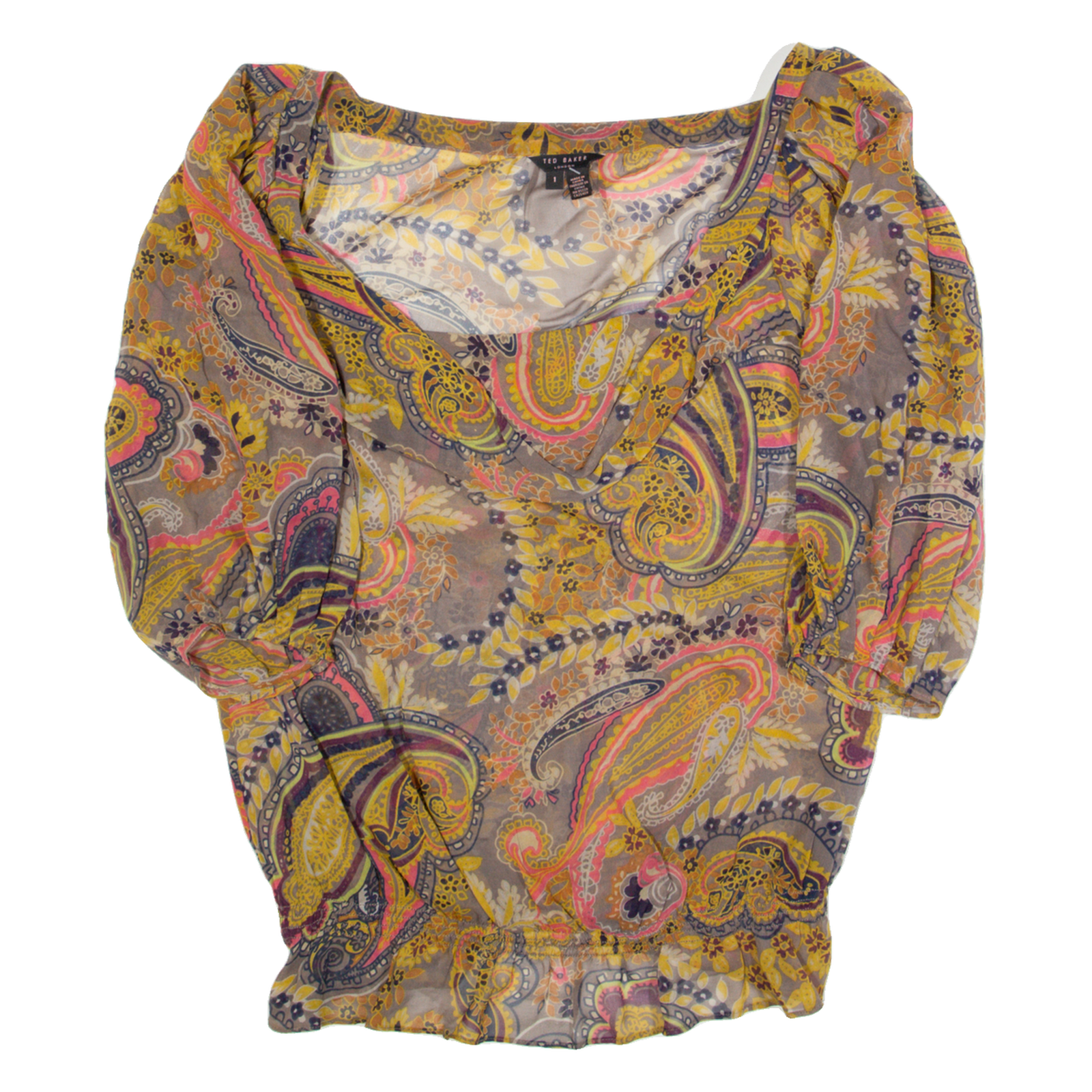 TED BAKER Womens Printed Top Brown 3/4 Sleeve Silk Paisley XS Refurbished - N/A refurbished available on Cerqular