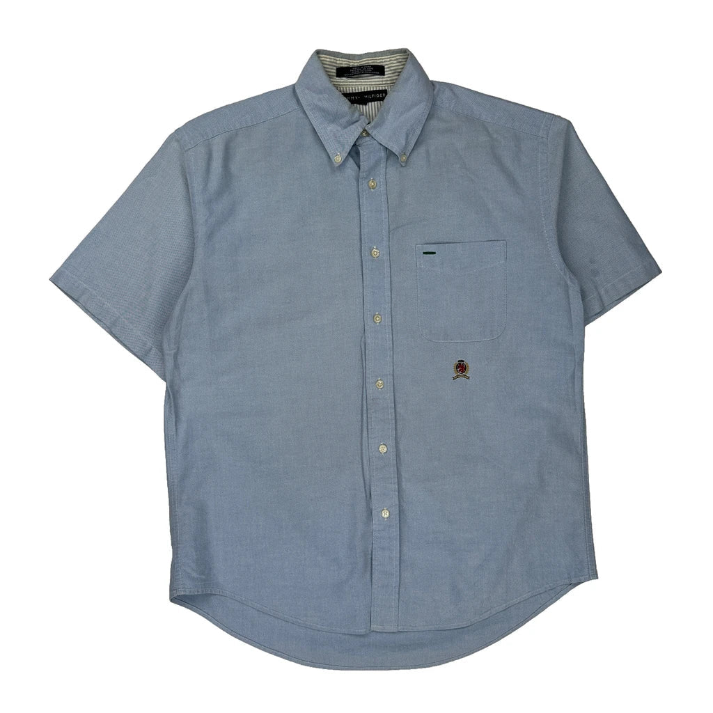Tommy Hilfiger Short Sleeve Shirt - Medium Blue Cotton Refurbished - Thrifted (note: this is a term often used to describe second- refurbished available on Cerqular