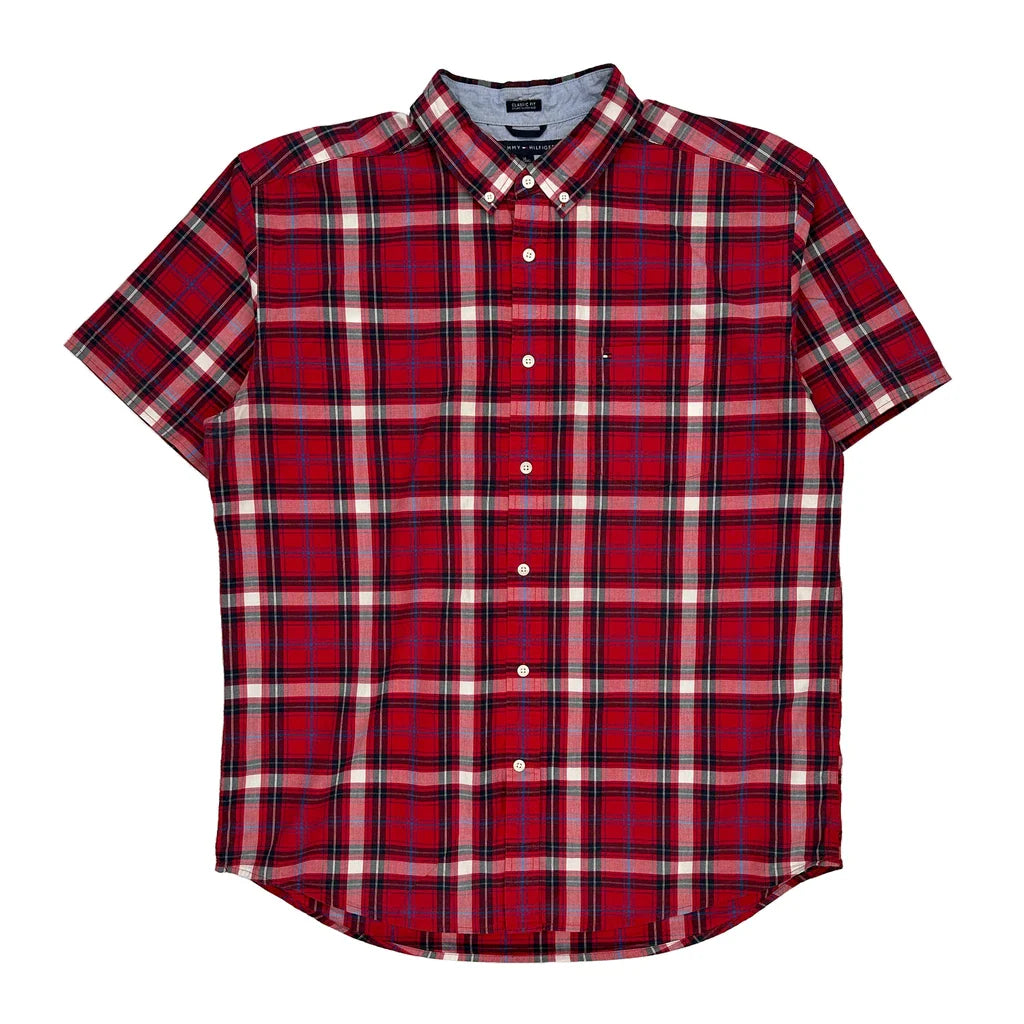 Tommy Hilfiger Checked Short Sleeve Shirt - XL Red Cotton Refurbished - Thrifted (note: this is a term often used to describe second- refurbished available on Cerqular