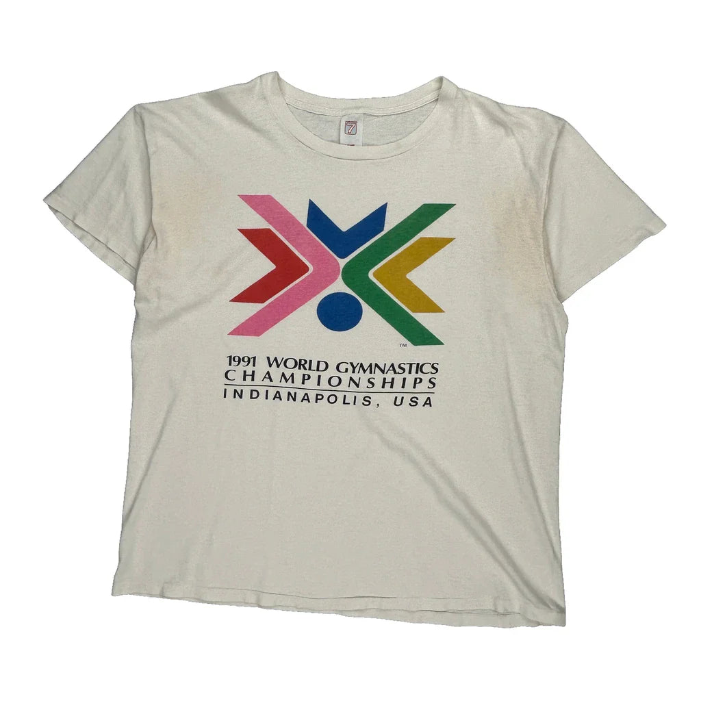 1991 World Gymnastics Championships Logo 7 Single Stitch T-Shirt - XL White Cotton Refurbished - Thrifted (note: this is a term often used to describe second- refurbished available on Cerqular