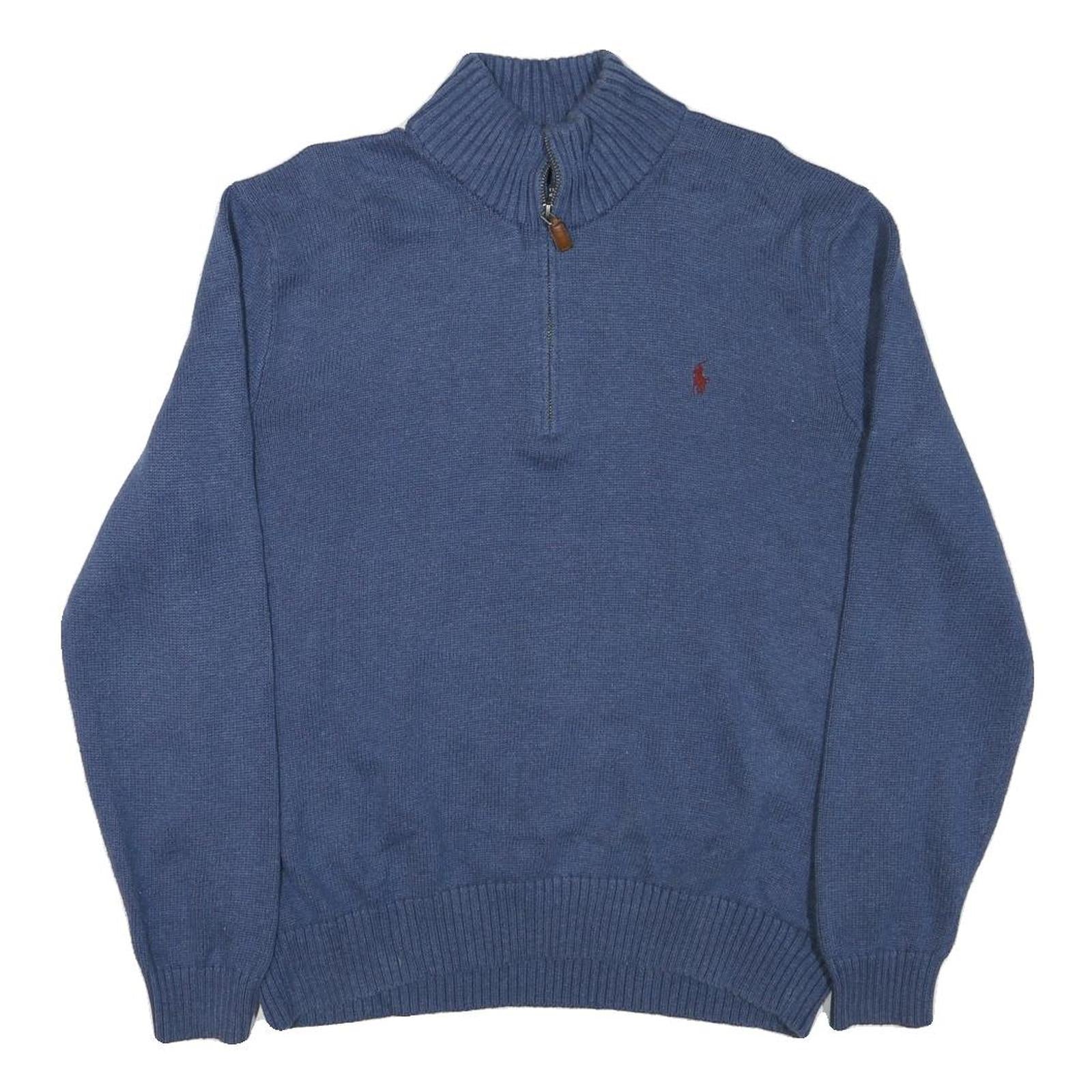 POLO RALPH LAUREN Mens Blue Rib Knit Half Zip Patterned Jumper XL Cotton Blend Refurbished - N/A refurbished available on Cerqular