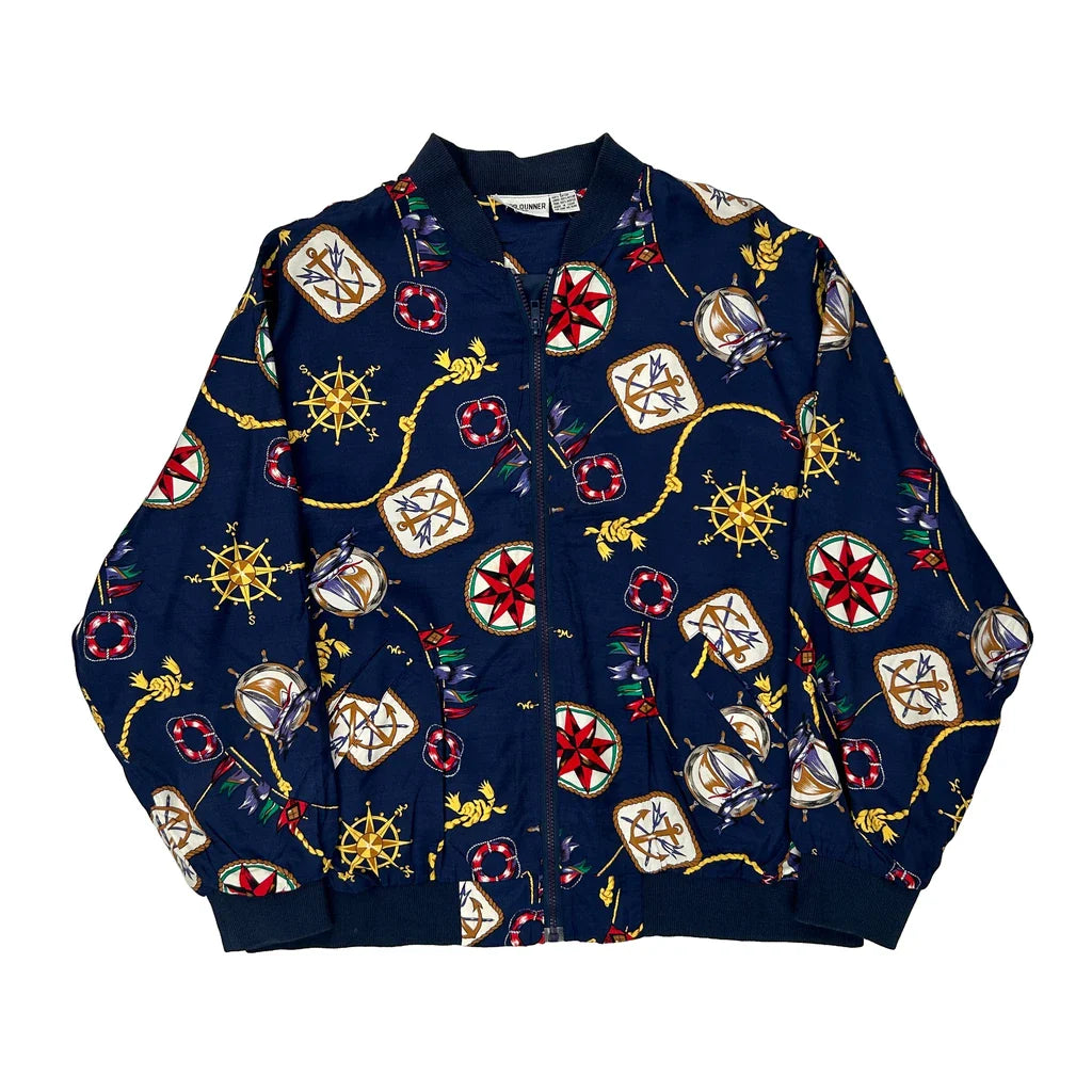 1980'S Alfred Dunner Graphic Shell Jacket - XL Navy Acrylic Refurbished - Thrifted (note: this is a term often used to describe second- refurbished available on Cerqular