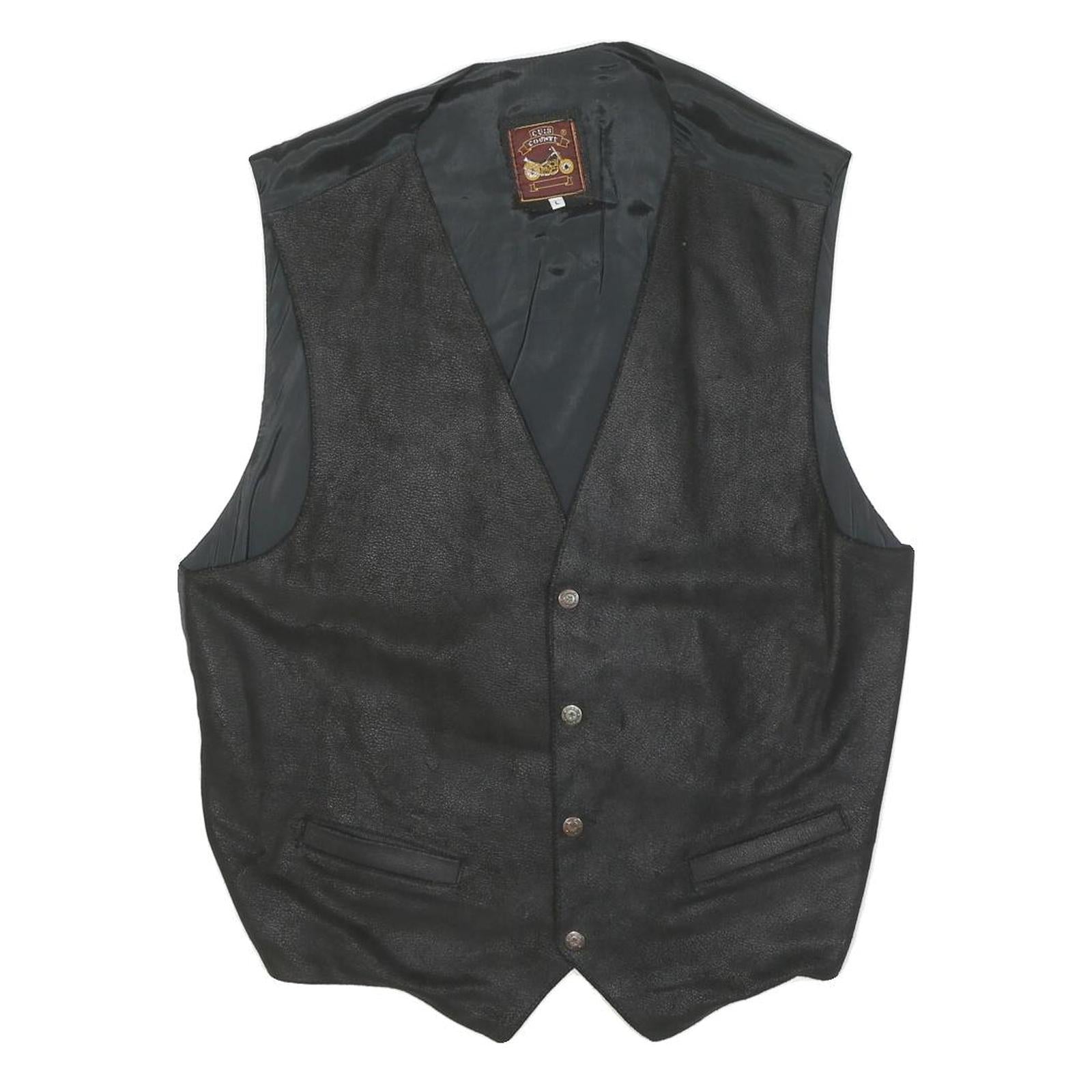 CUIR COUNTY Mens Black Leather Button Jacket L Polyester Blend Plain Waistcoat Refurbished - N/A refurbished available on Cerqular