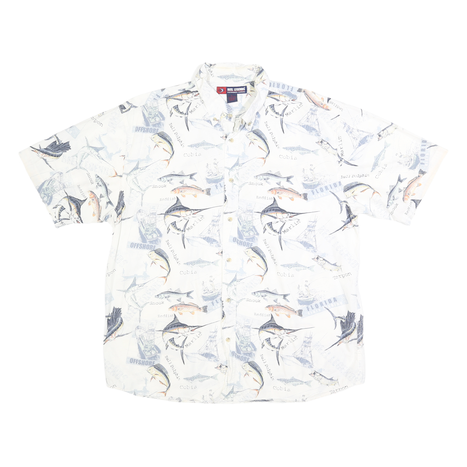 REEL LEGENDS Mens White Fishing Print Cotton Shirt XL Casual Summer Holiday Refurbished - N/A refurbished available on Cerqular