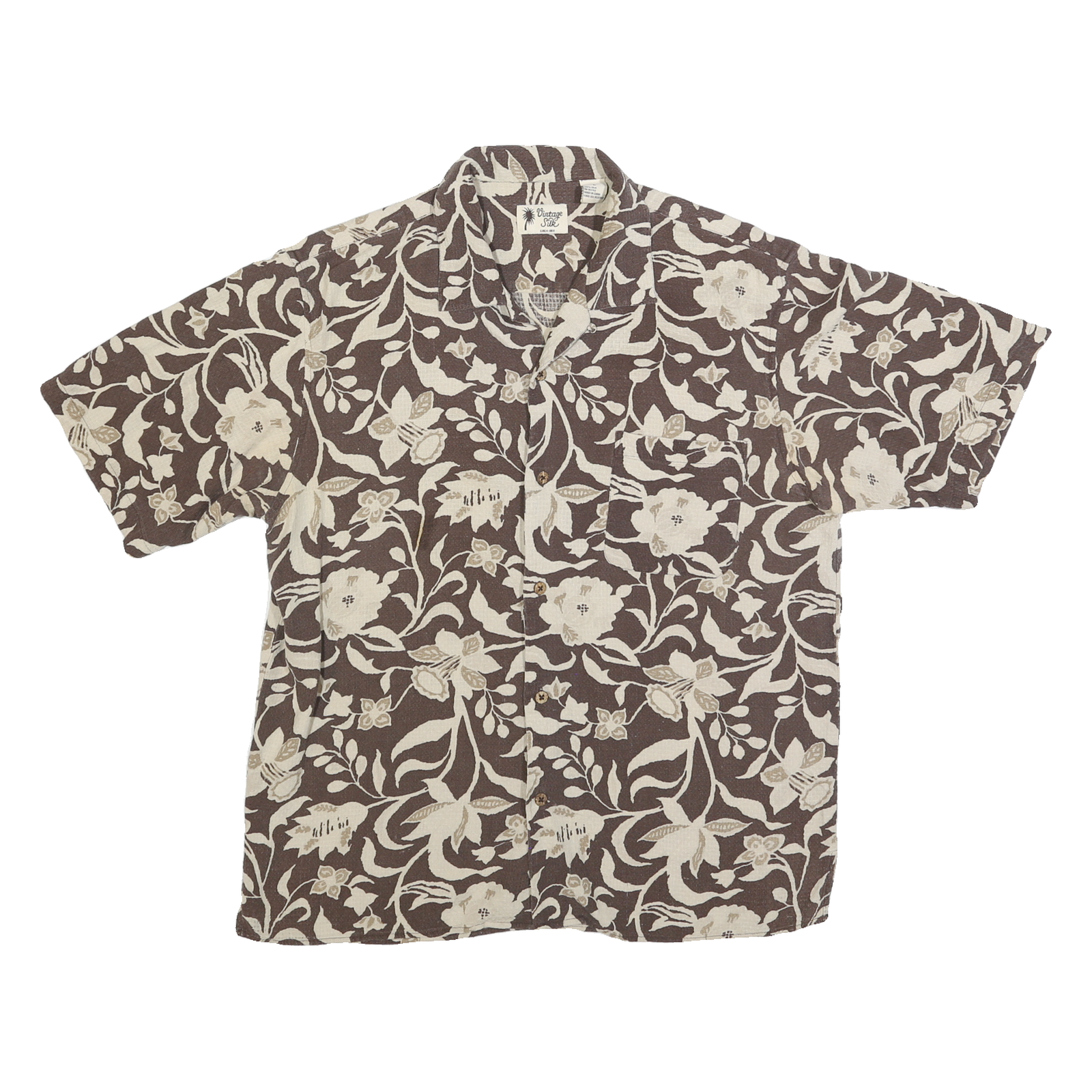 VINTAGE SILK Mens Brown & Cream Floral Silk Shirt L Summer Casual Lightweight Refurbished - N/A refurbished available on Cerqular