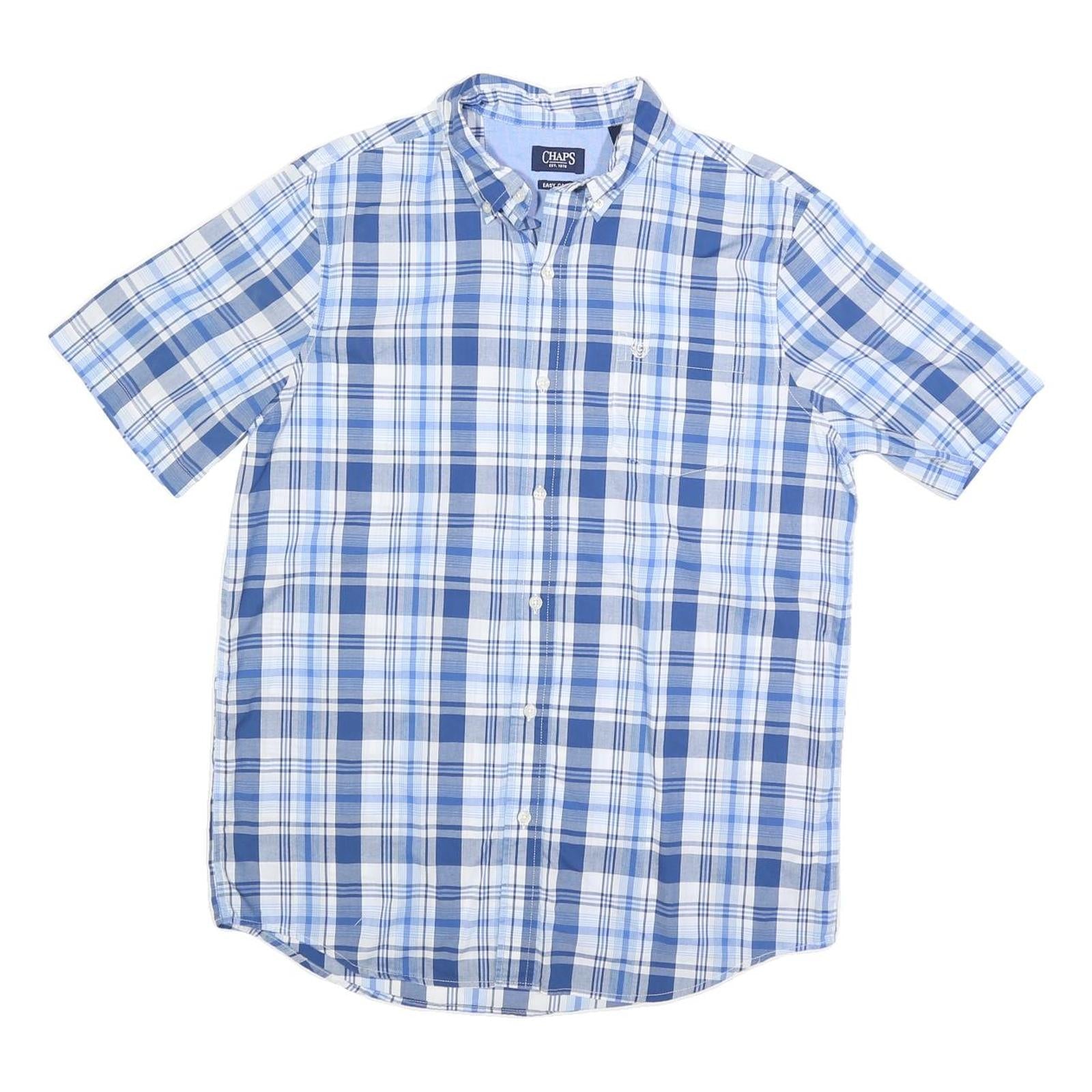 CHAPS Mens Blue & White Checked Button-Down Shirt M Cotton Blend Short Sleeve Refurbished - N/A refurbished available on Cerqular