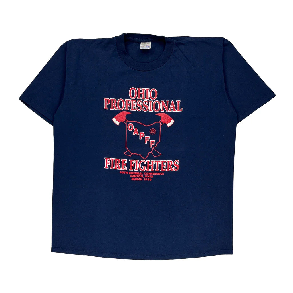 Buy Made In USa Ohio Professional Fire Fighters Jerzees T-Shirt - XL Blue Cotton Blend Refurbished - $20.09 Made In USa Ohio Professional Fire Fighters Jerzees T-Shirt - XL Blue Cotton Blend Refurbished - Thrifted (note: this is a term often used to describe second- refurbished available on Cerqular