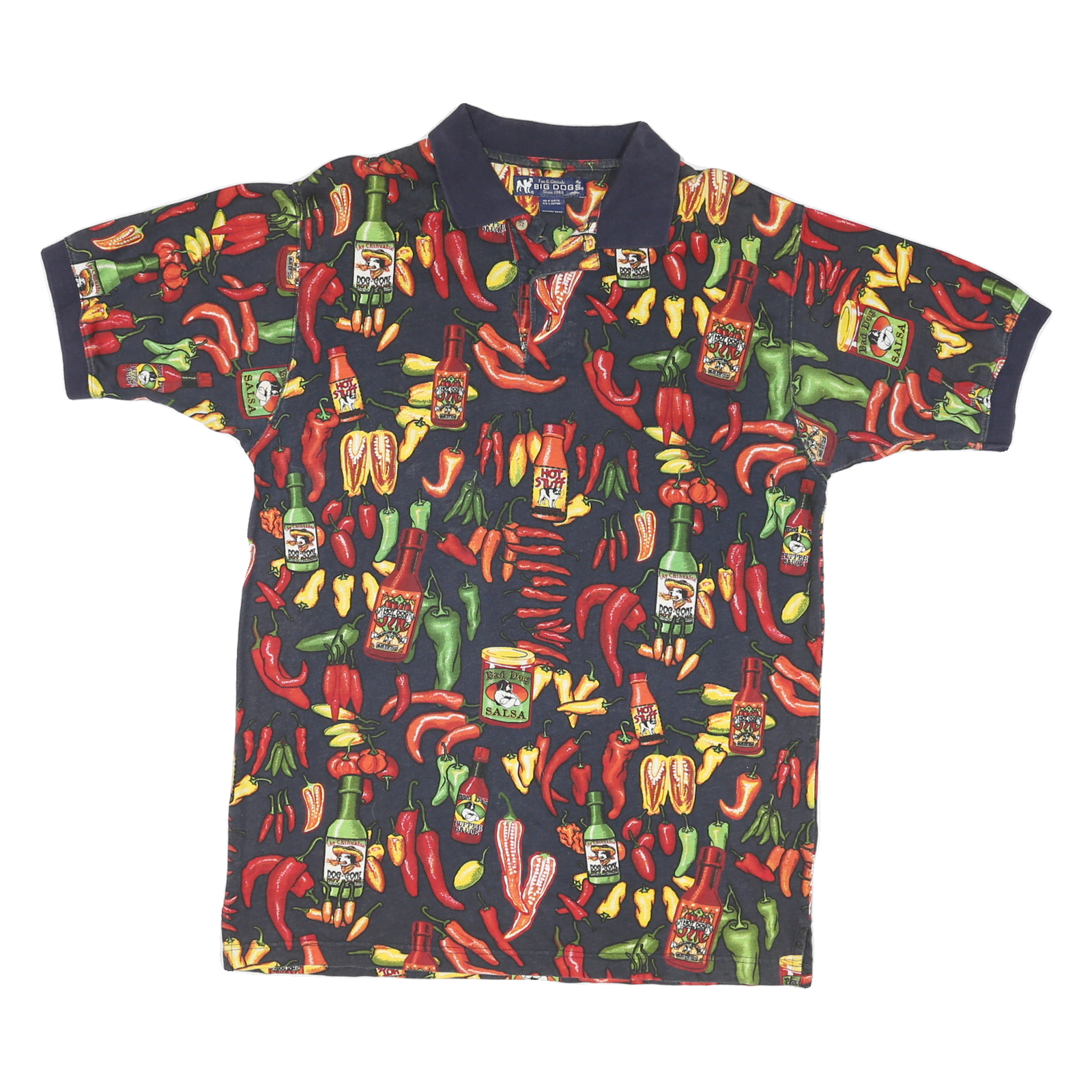 BIG DOGS Mens Navy Blue Hot Sauce Pattern Short Sleeve Polo Shirt M Cotton Blend Refurbished - N/A refurbished available on Cerqular