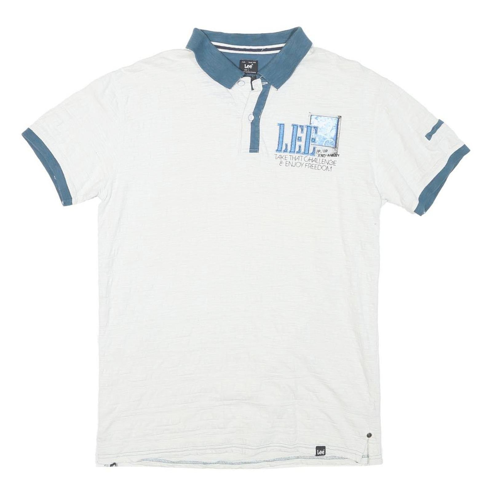 LEE Mens White & Blue Short Sleeve Logo Embroidered Polo Shirt L Cotton Blend Refurbished - N/A refurbished available on Cerqular