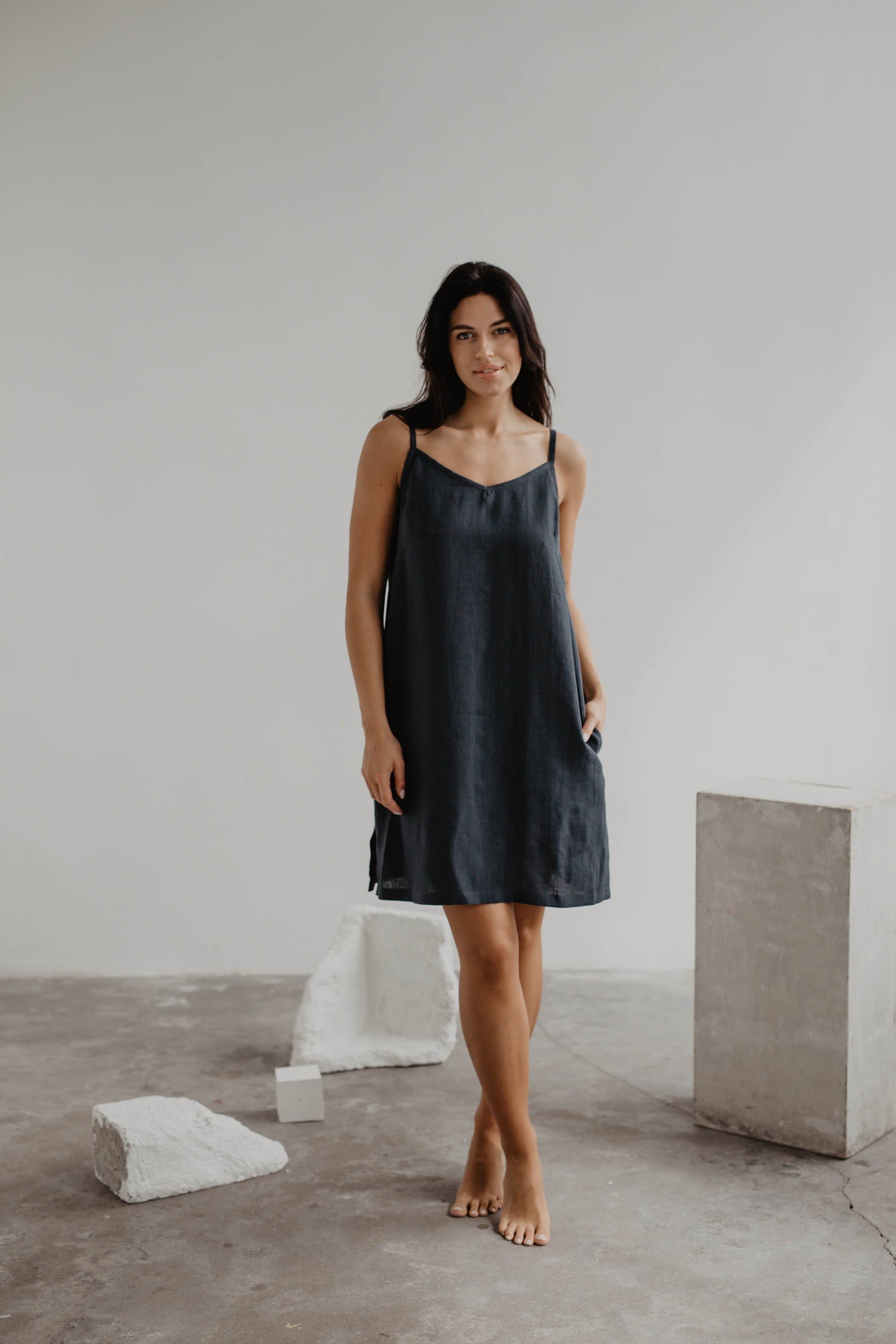 Zoe linen slip dress in Charcoal | Size: XS Refurbished - Amour Linen refurbished available on Cerqular