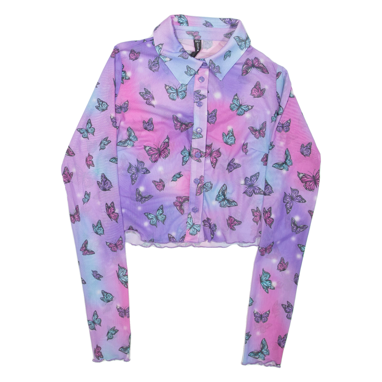 FB SISTER Butterfly Sheer Womens Printed Shirt Purple Collared Long Sleeve XS Refurbished - N/A refurbished available on Cerqular