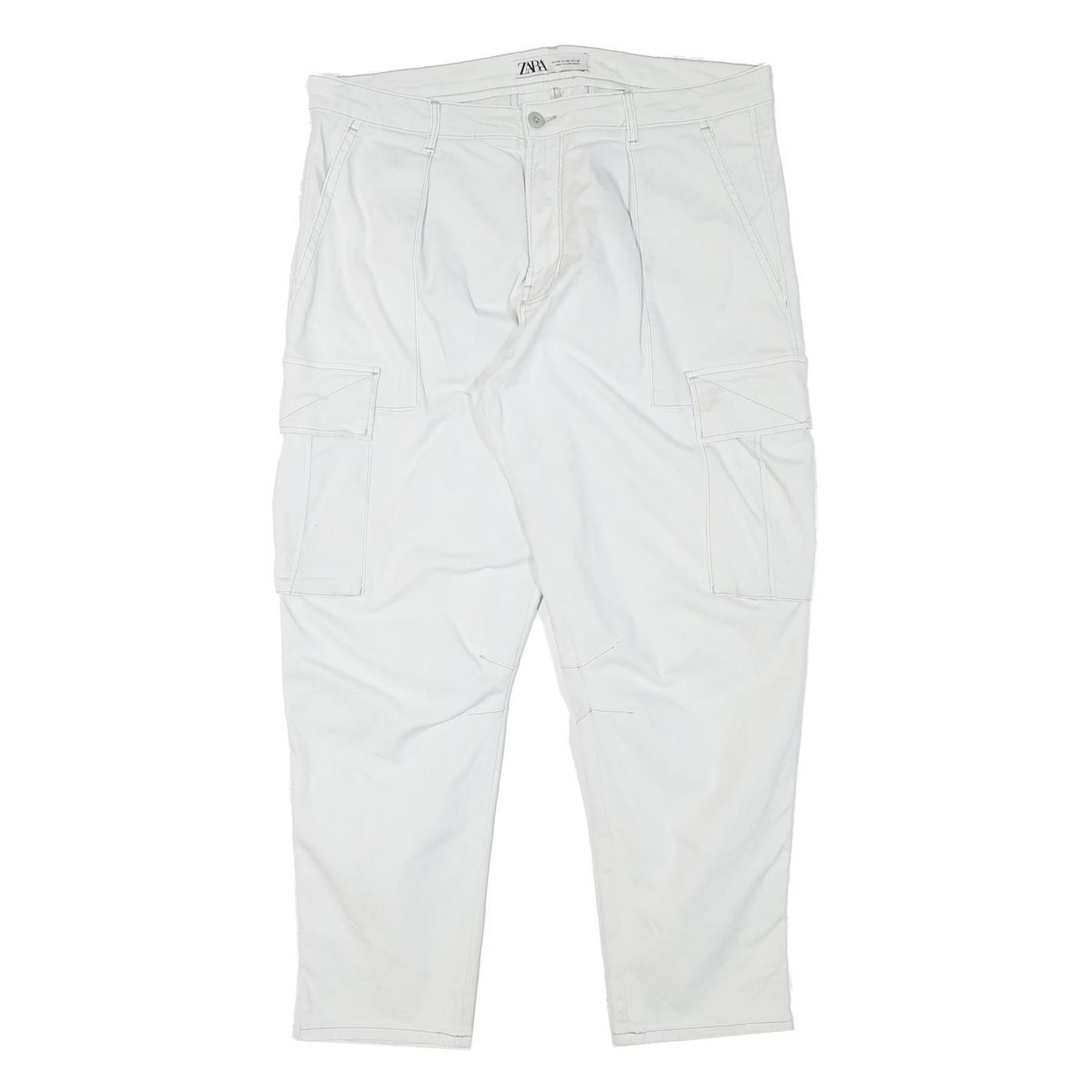 ZARA Mens Cotton Blend White Relaxed Cargo Trousers W37 L28 Casual Utility Zip Refurbished - N/A refurbished available on Cerqular