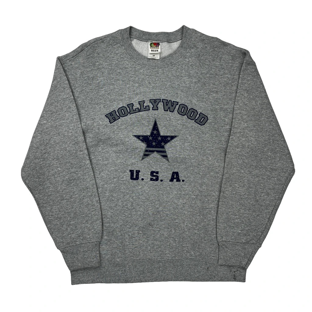 Hollywood U.S.A. Fruit Of The Loom College Sweatshirt - Large Grey Cotton Blend Refurbished - Thrifted (note: this is a term often used to describe second- refurbished available on Cerqular