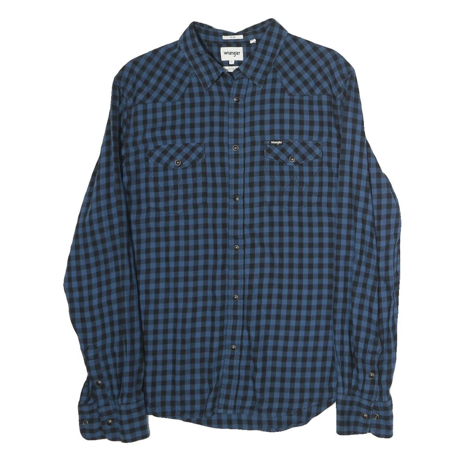 WRANGLER Mens Blue & Black Checked Shirt L Casual Cotton Long Sleeve Button Refurbished - N/A refurbished available on Cerqular