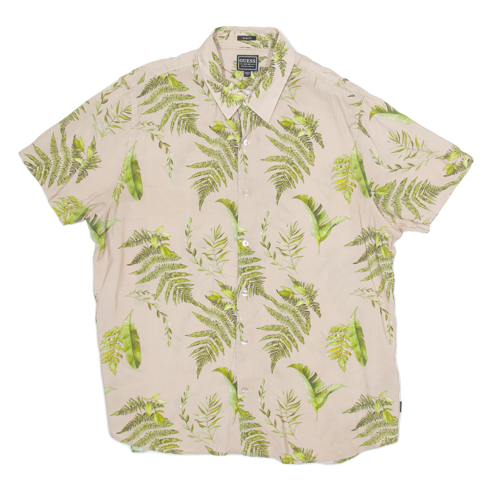 GUESS Slim Fit Mens Hawaiian Shirt Brown Floral L Refurbished - N/A refurbished available on Cerqular
