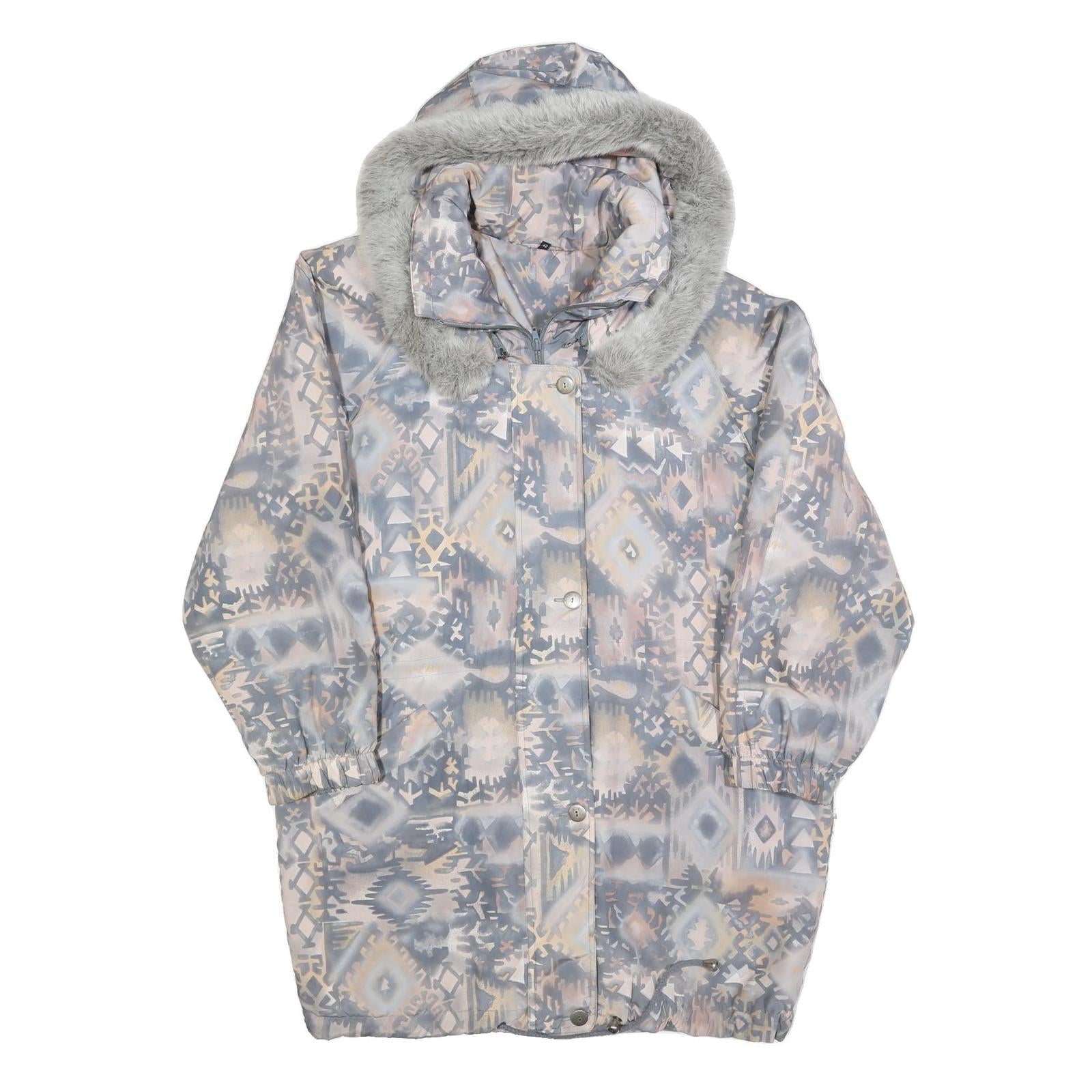 Womens Blue Jacket M Polyester Blend Printed Faux Fur Hood Zip Coat Winter Refurbished - N/A refurbished available on Cerqular