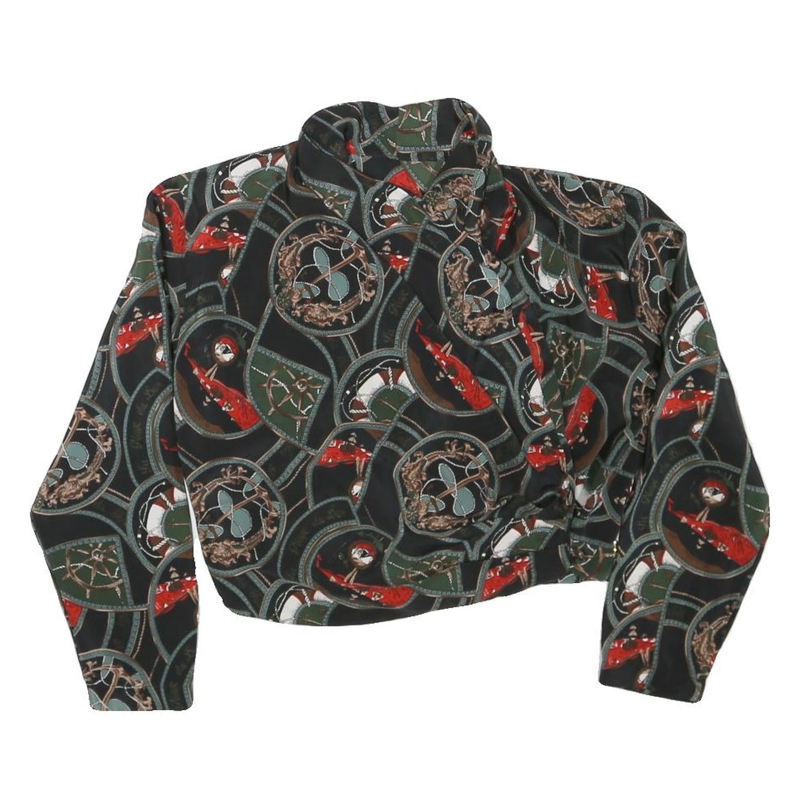 Womens Black & Green Printed Blouse Long Sleeve Collared M Stylish Crop Top Refurbished - N/A refurbished available on Cerqular