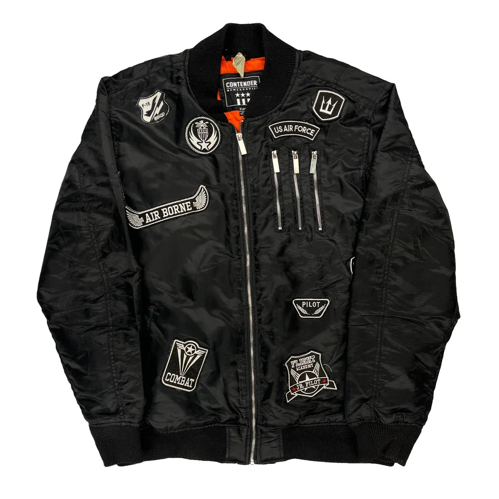 US Air Force Contender Graphic Bomber Jacket - XL Black Polyester Refurbished - Thrifted (note: this is a term often used to describe second- refurbished available on Cerqular
