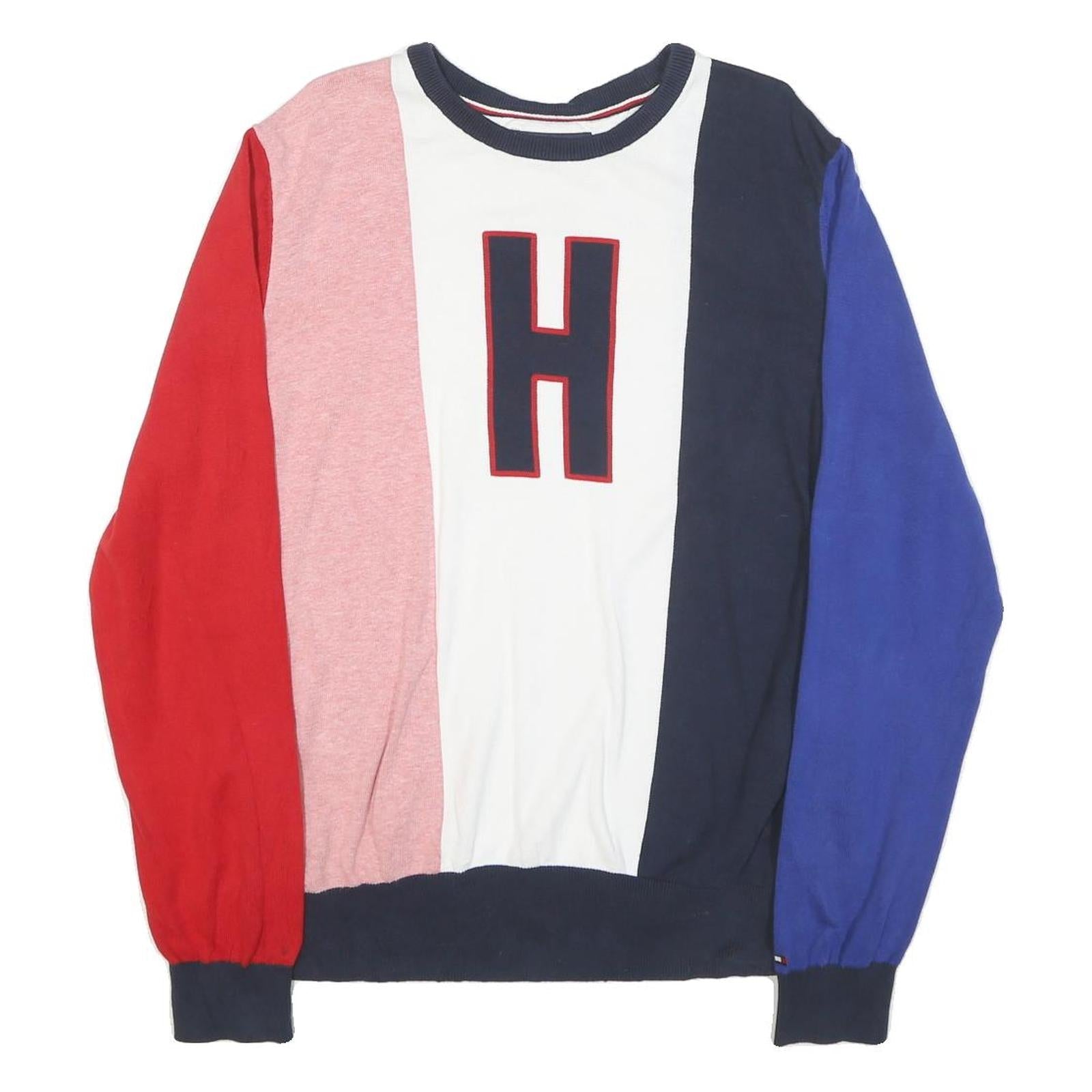 TOMMY HILFIGER Mens Red Pink White Navy Blue Colourblock Jumper Crew Neck Basic Refurbished - N/A refurbished available on Cerqular