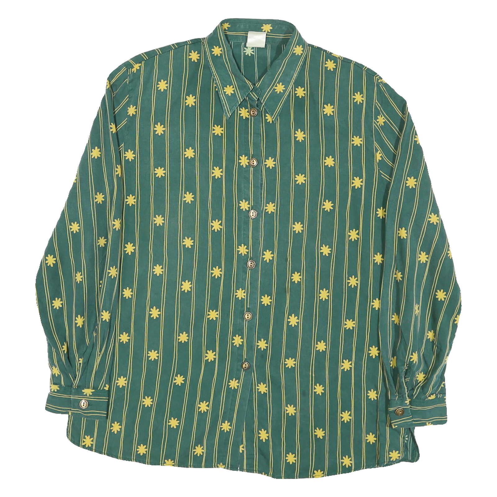 QIVINA Mens Green Yellow Striped Floral Shirt Long Sleeve Collared Cotton Blend Refurbished - N/A refurbished available on Cerqular