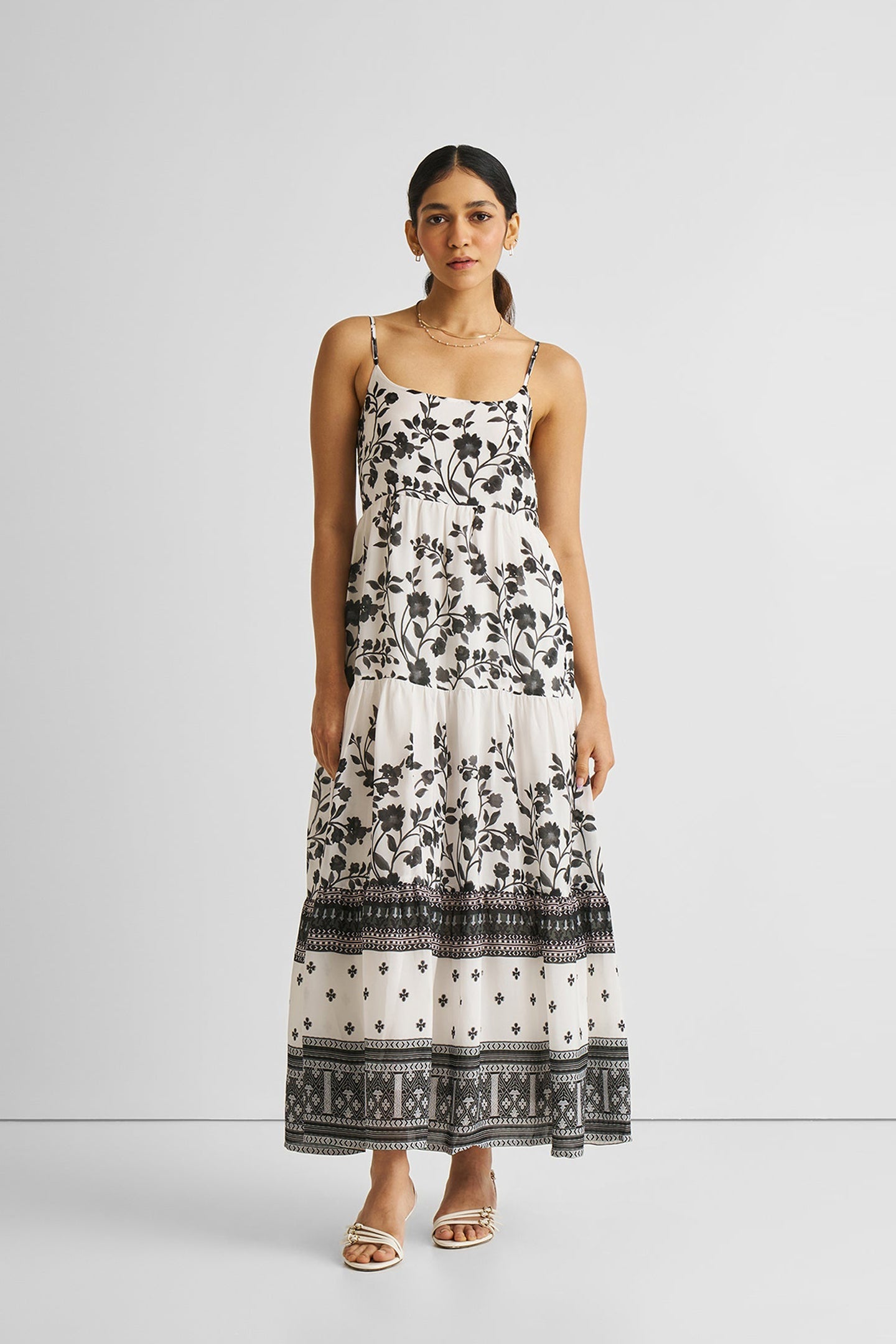 Strappy Tiered Maxi Dress in Florals | Color: Vines and Twirls Black | Size: S Refurbished - Resistor (Note: This is a generic term for an electronic component, refurbished available on Cerqular