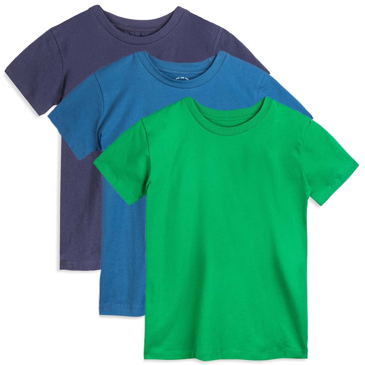 Organic Cotton Kids Shirts - Relaxed Fit Tee 3 Pack | Color: Navy, Green and Blue | Size: Small (6/7) Refurbished - N/A (Note: There is no well-known brand named "M refurbished available on Cerqular